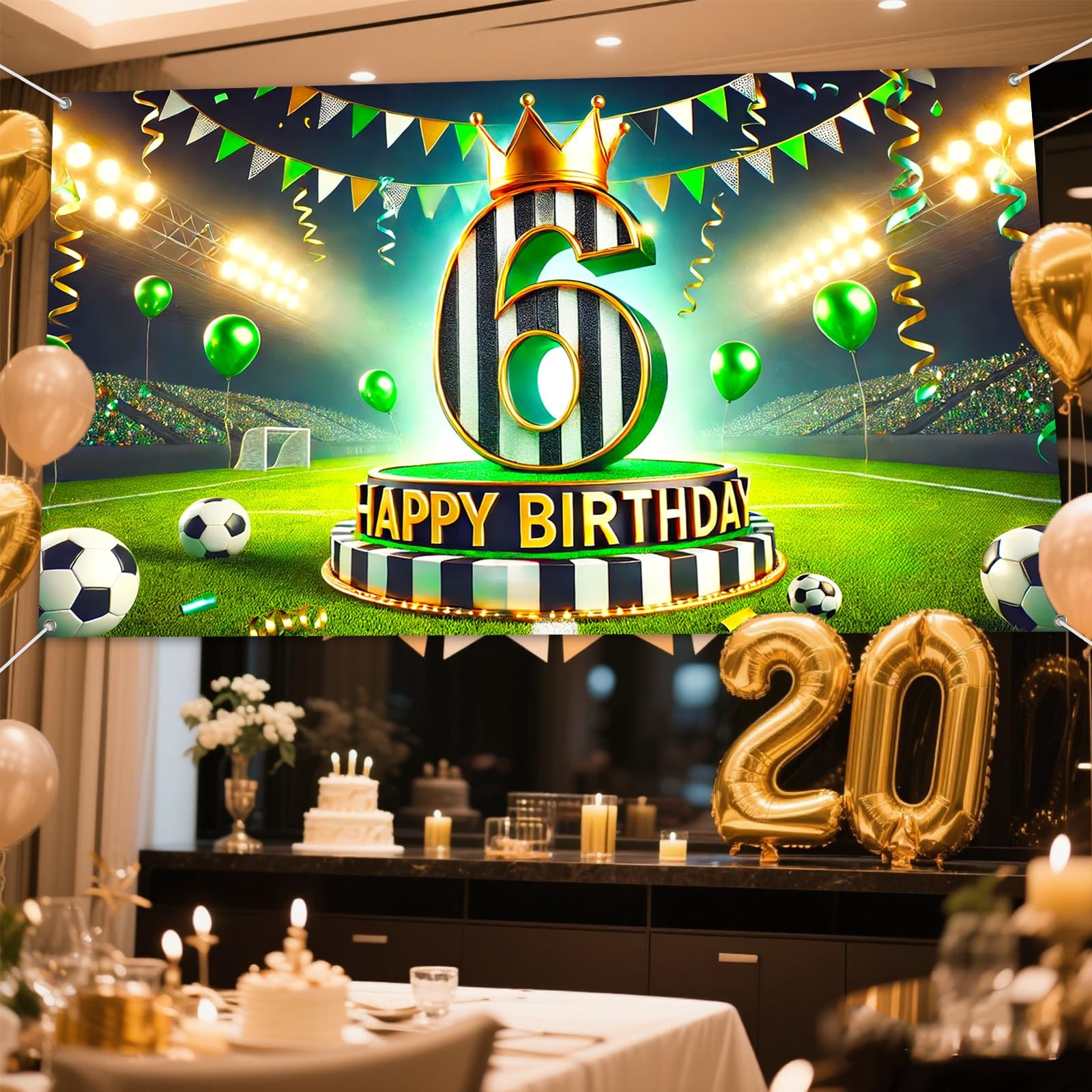 Soccer 6th Birthday Backdrop Banner 71×43 Inch Black White Green Crown Footba…