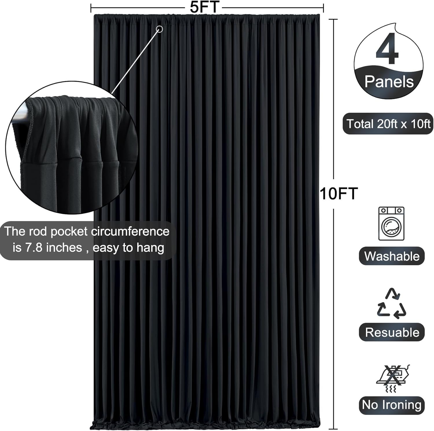 Elegant Black 20ft x 10ft Backdrop for Photography & Parties – 4 Panels Included