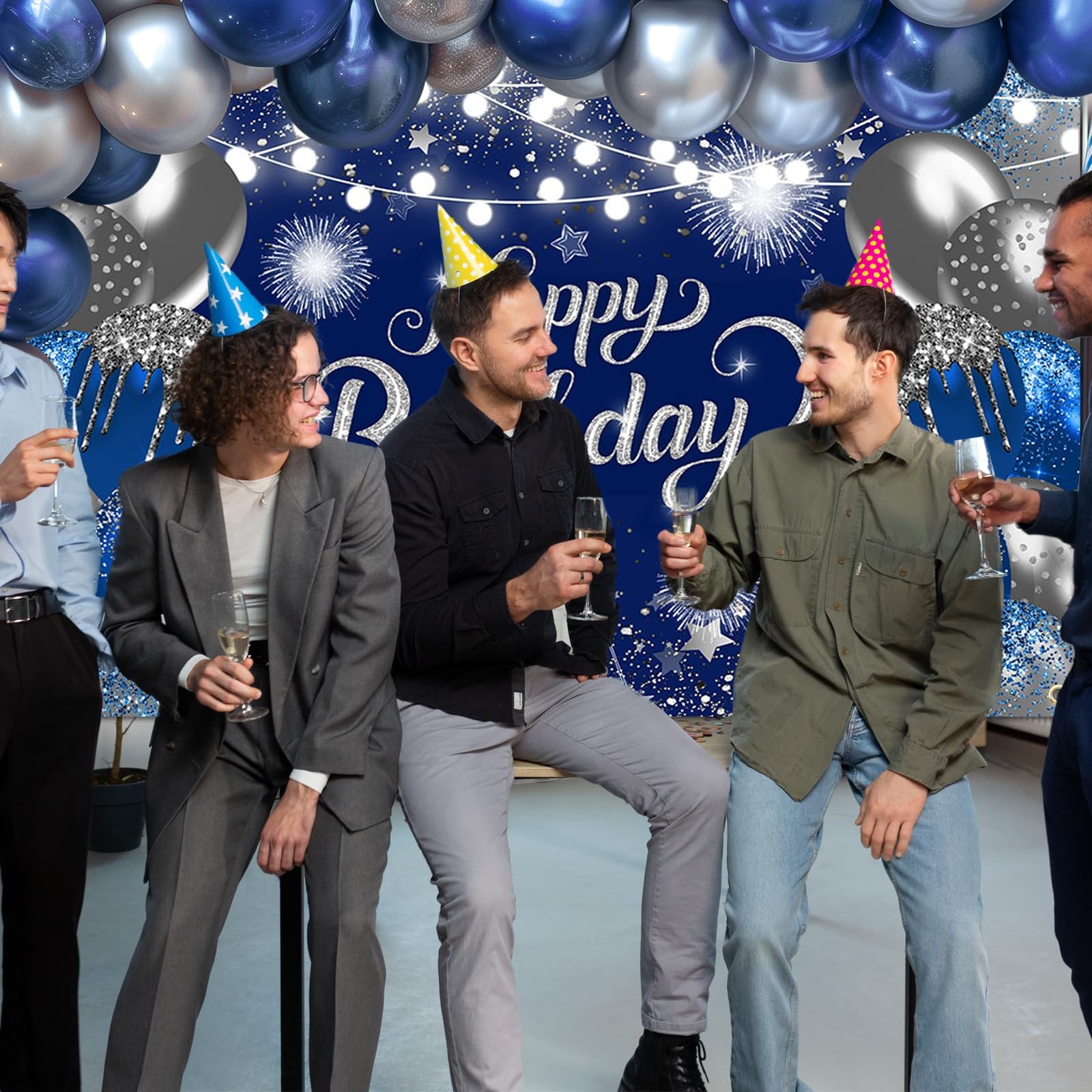 Blue Birthday Banner 6×3.6 ft Blue Silver Backdrop for Men Birthday Party Dec…