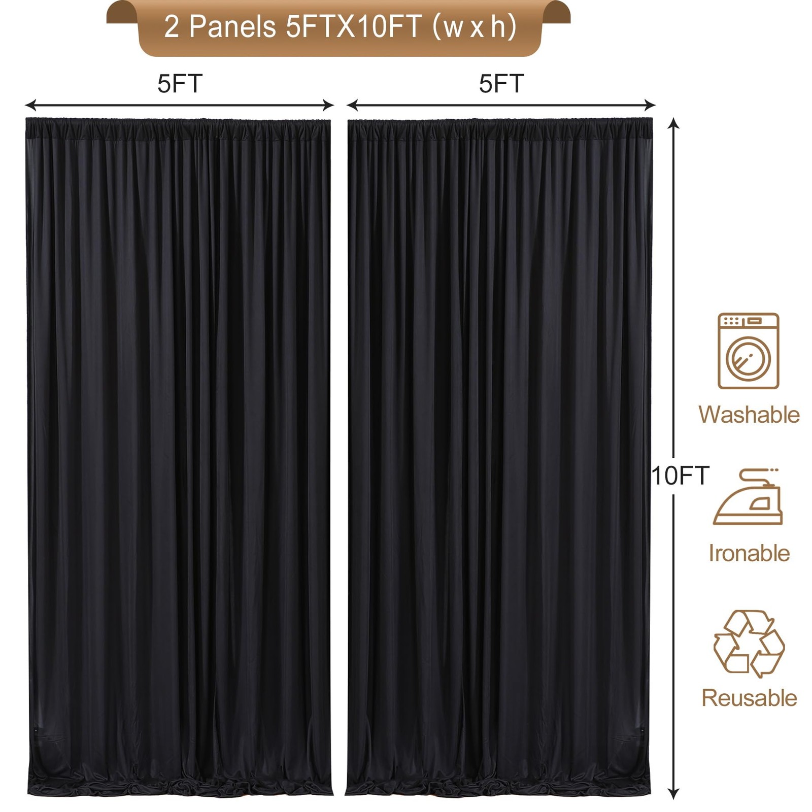 2 PCS 10×10 Ft Black Backdrop Curtains Wrinkle Free Polyester Drapes