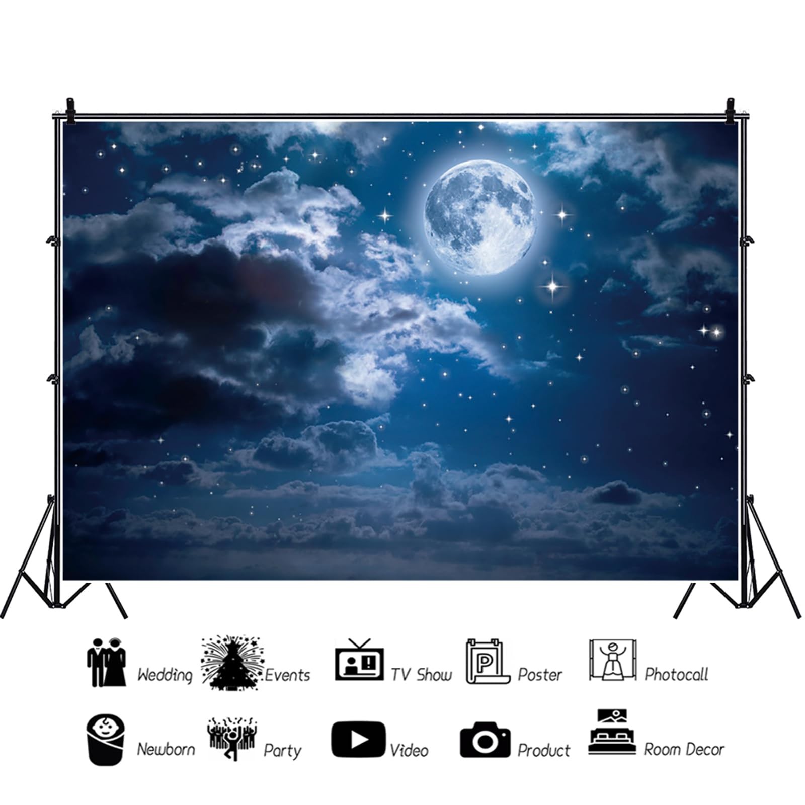 7x5ft Moon Backdrop Night Bright Full Moon Starry Sky Photography Background …