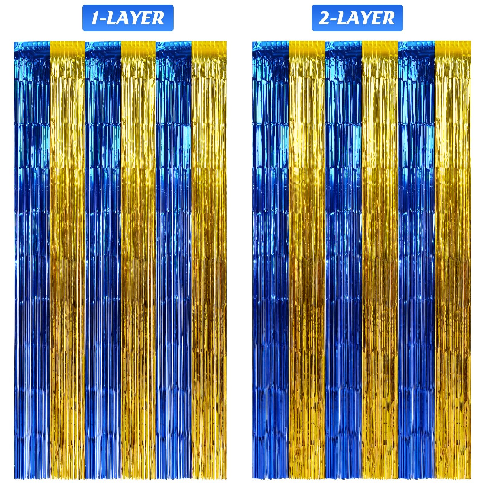 6 Pack 3.3Ft x 6.6Ft Graduation Foil Fringe Curtain 3.3X6.6Ft, Blue Gold
