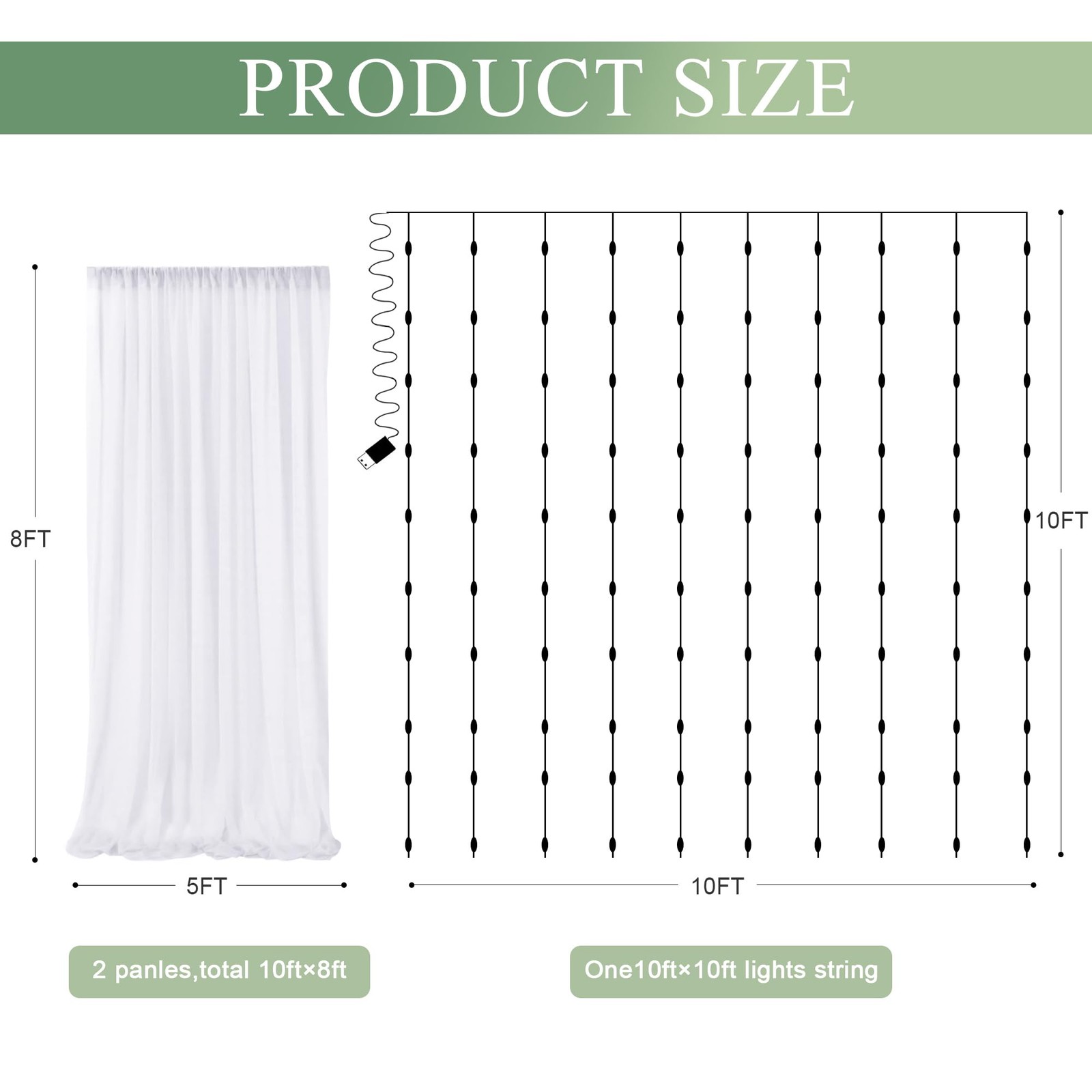 White Sheer Tulle Backdrop Curtain Light String 2 Panels 5x8FT Photo Drape