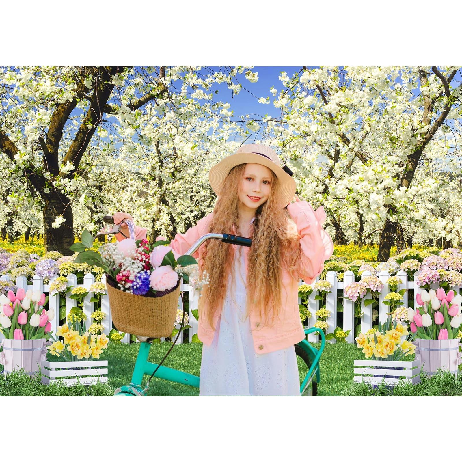 Spring Backdrop Banner 7x5Ft White Yellow Flower Floral 7x5Ft, white