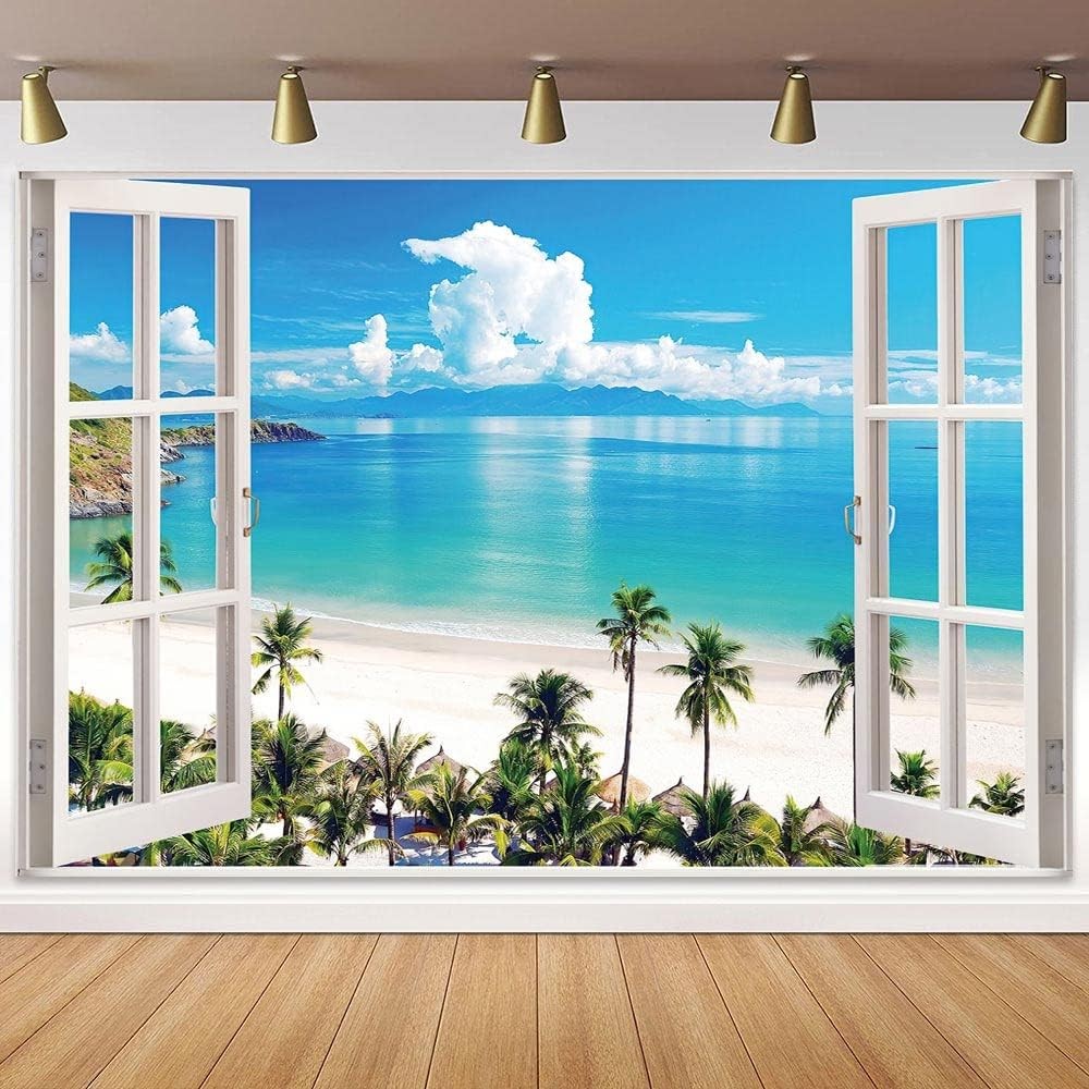 Summer Beach Window Backdrop, Hawaii Tropical Island Palm 5X3FT, Sky Blue