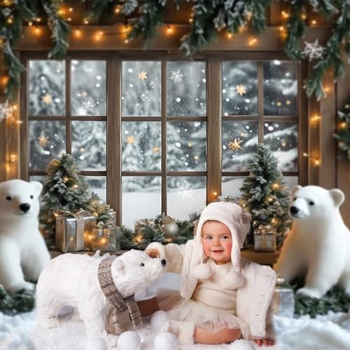 Snowy Xmas Backdrop Window – Snowy Pine Trees – Forest View – 7x5ft Bear