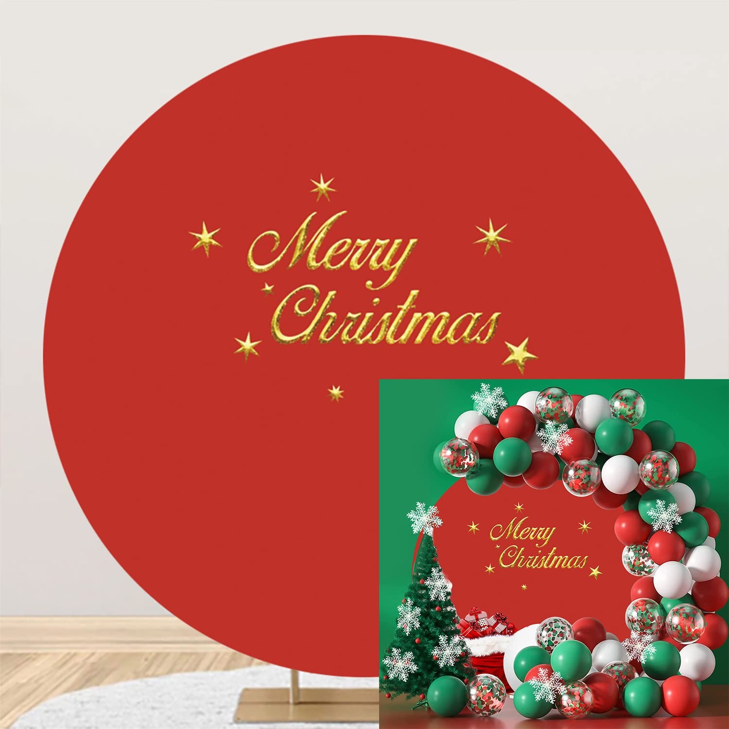 Christmas Round Backdrop Cover for Photography 7.2ft Merry Christmas Red Circ…