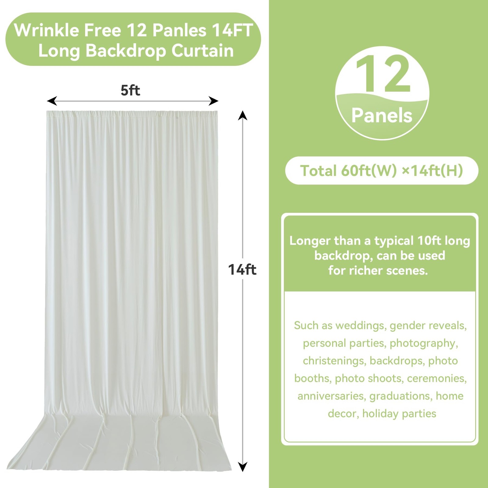 60ftx14FT Wrinkle Free Ivory Backdrop (W)5ft x (H)14ft (12 Panel),