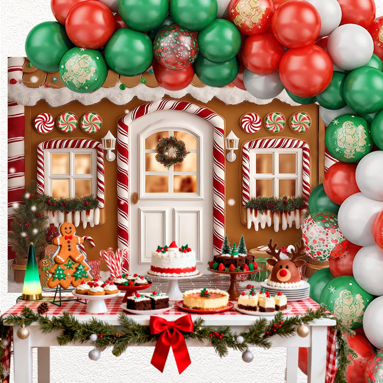 7x5FT Gingerbread Christmas Backdrop Candy Cane House Family Photo Props