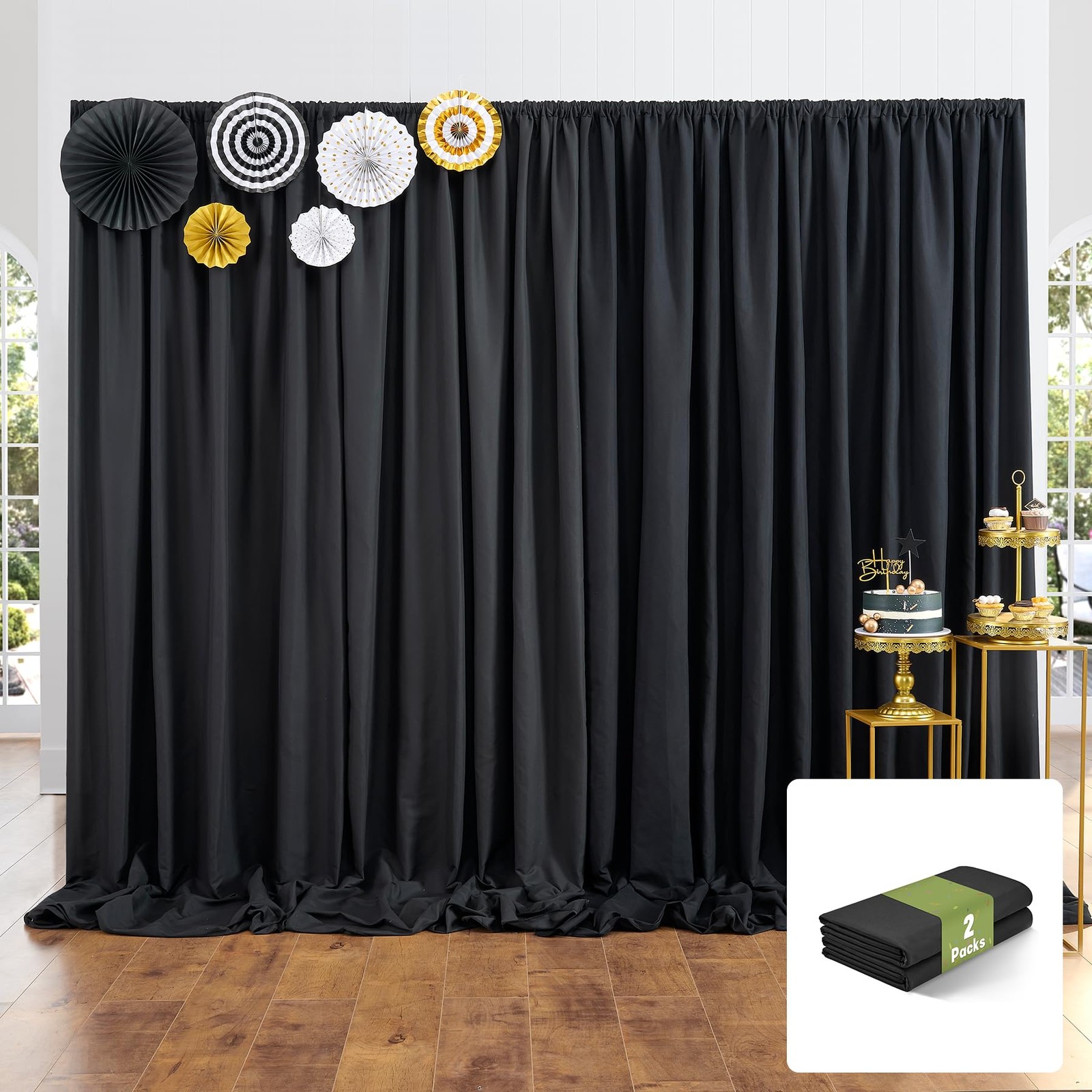 10x10FT Black Backdrop Curtains for Party, 2 Panels 5x10FT Thick Polyester Ba…