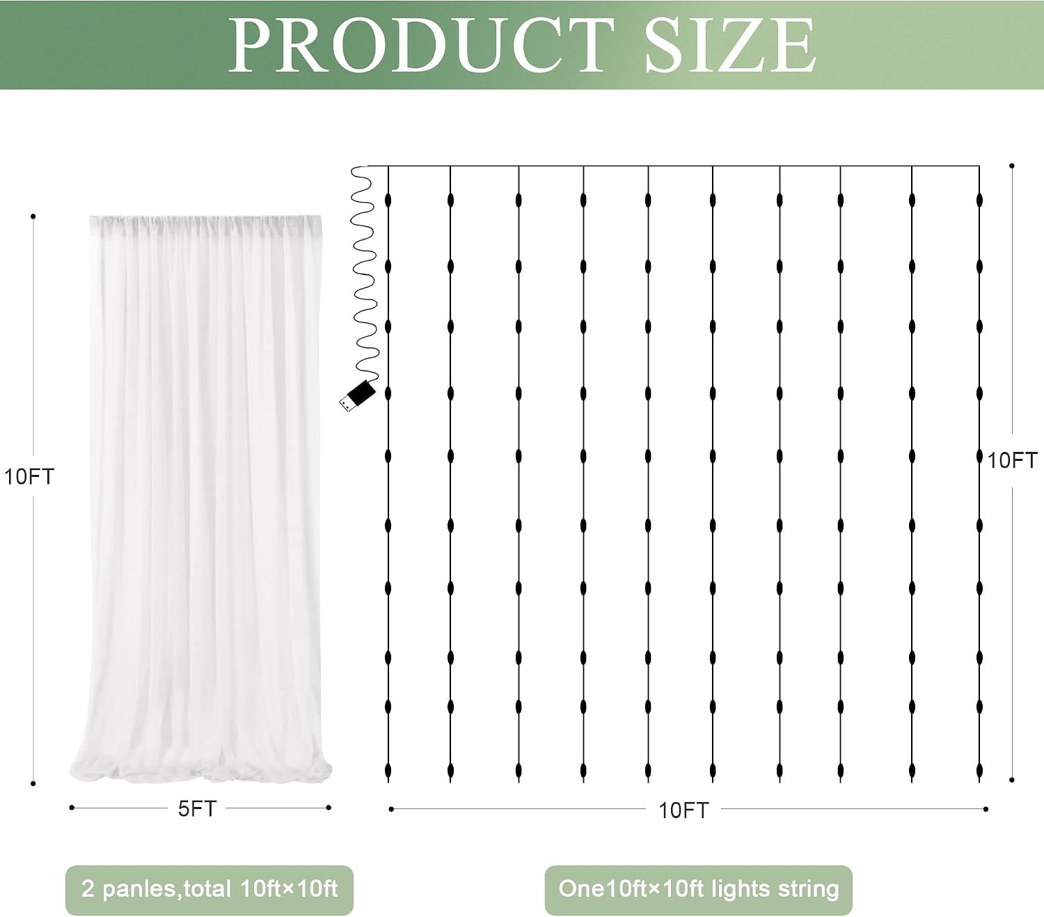 Tulle Backdrop Curtain W/ Lights String 10FT X 10FT Ivory Sheer Tulle Backdrop