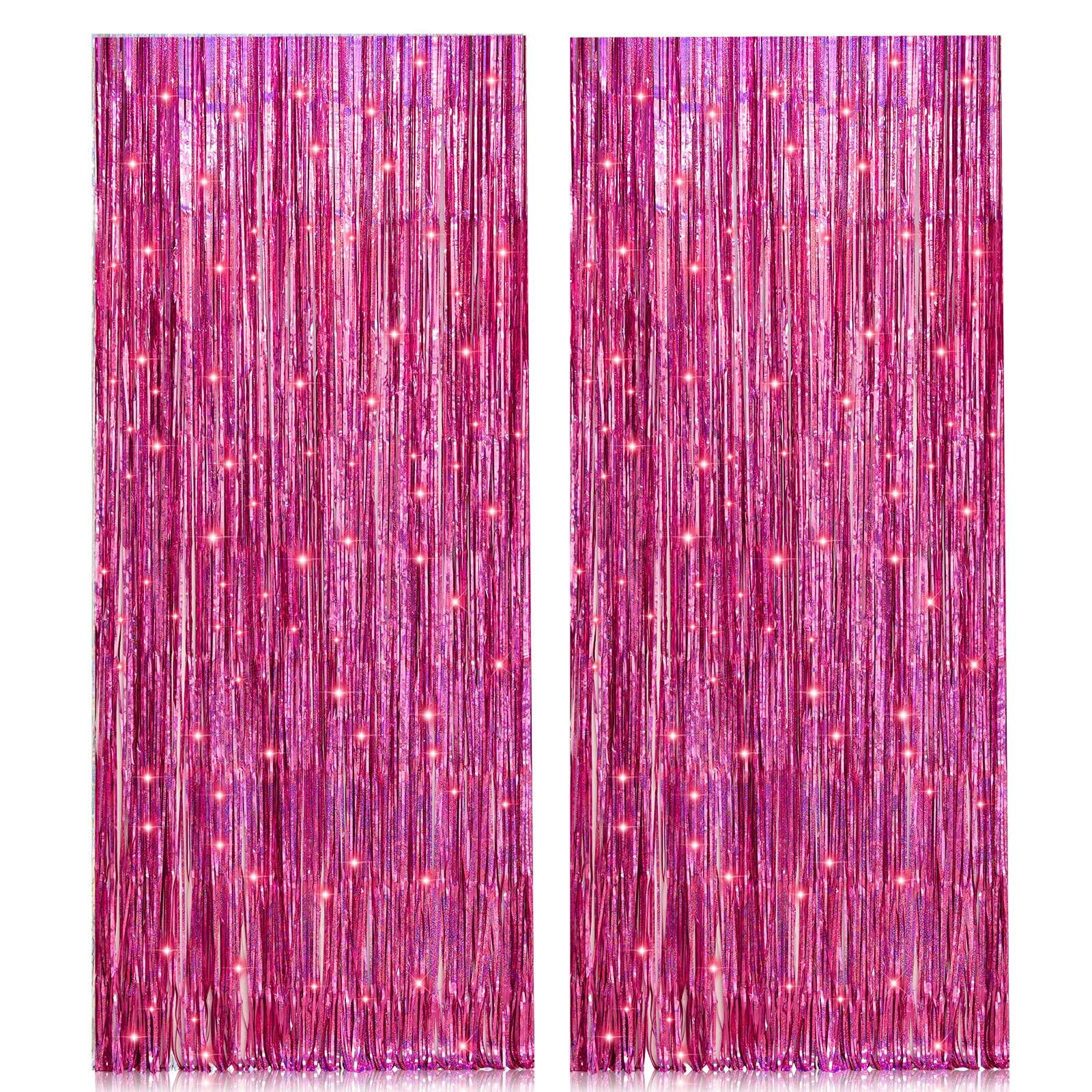2 Pack 3.2ft x 8.2ft Pink Metallic Tinsel Foil Fringe Curtains Backdrop for P…