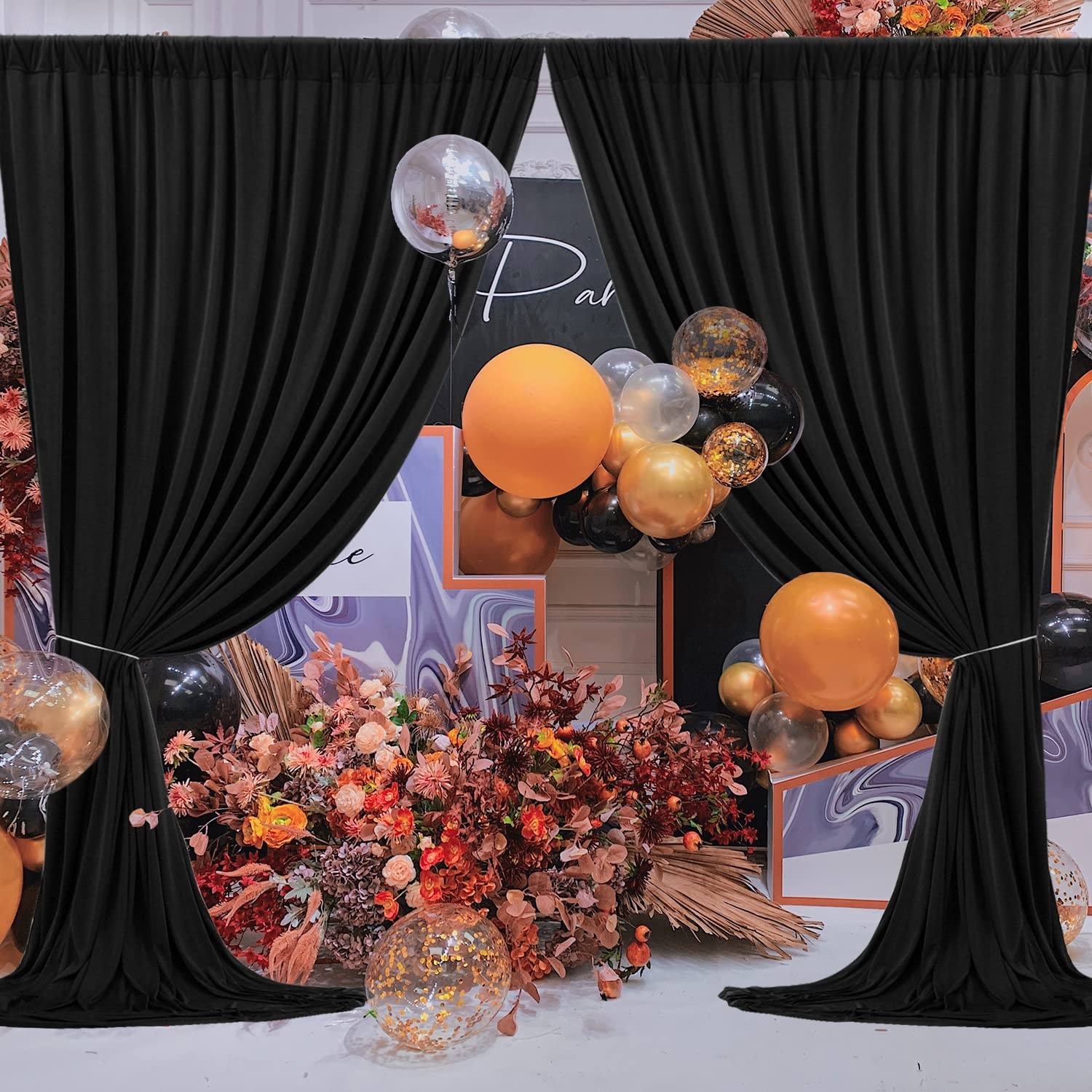 20ft x 10ft Wrinkle Free Black Backdrop Curtain – 4 Panels Polyester Drapes