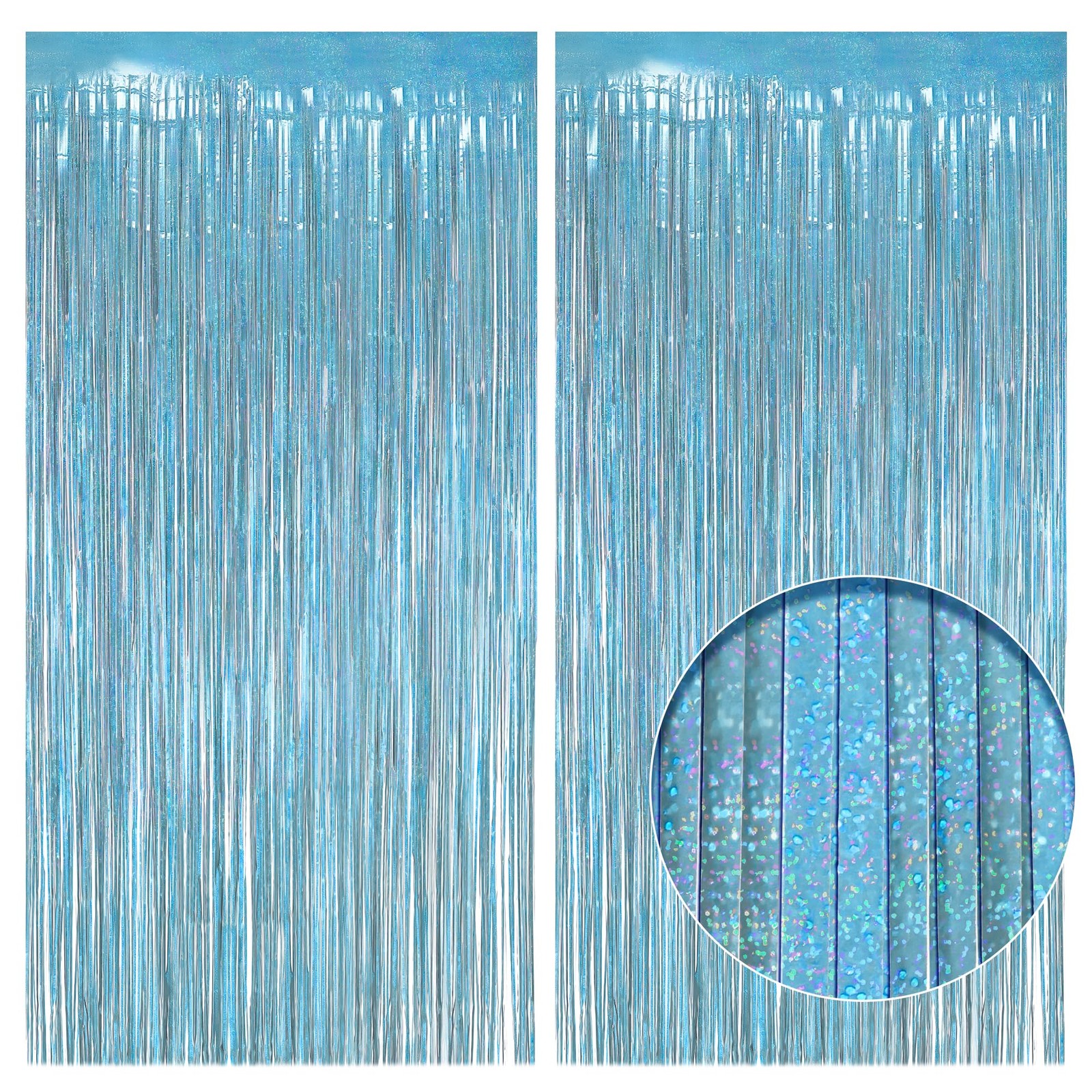 2 Pack Holographic Light Blue Fringe Backdrop, 3.2×8.2ft Shining Foil Tinsel …