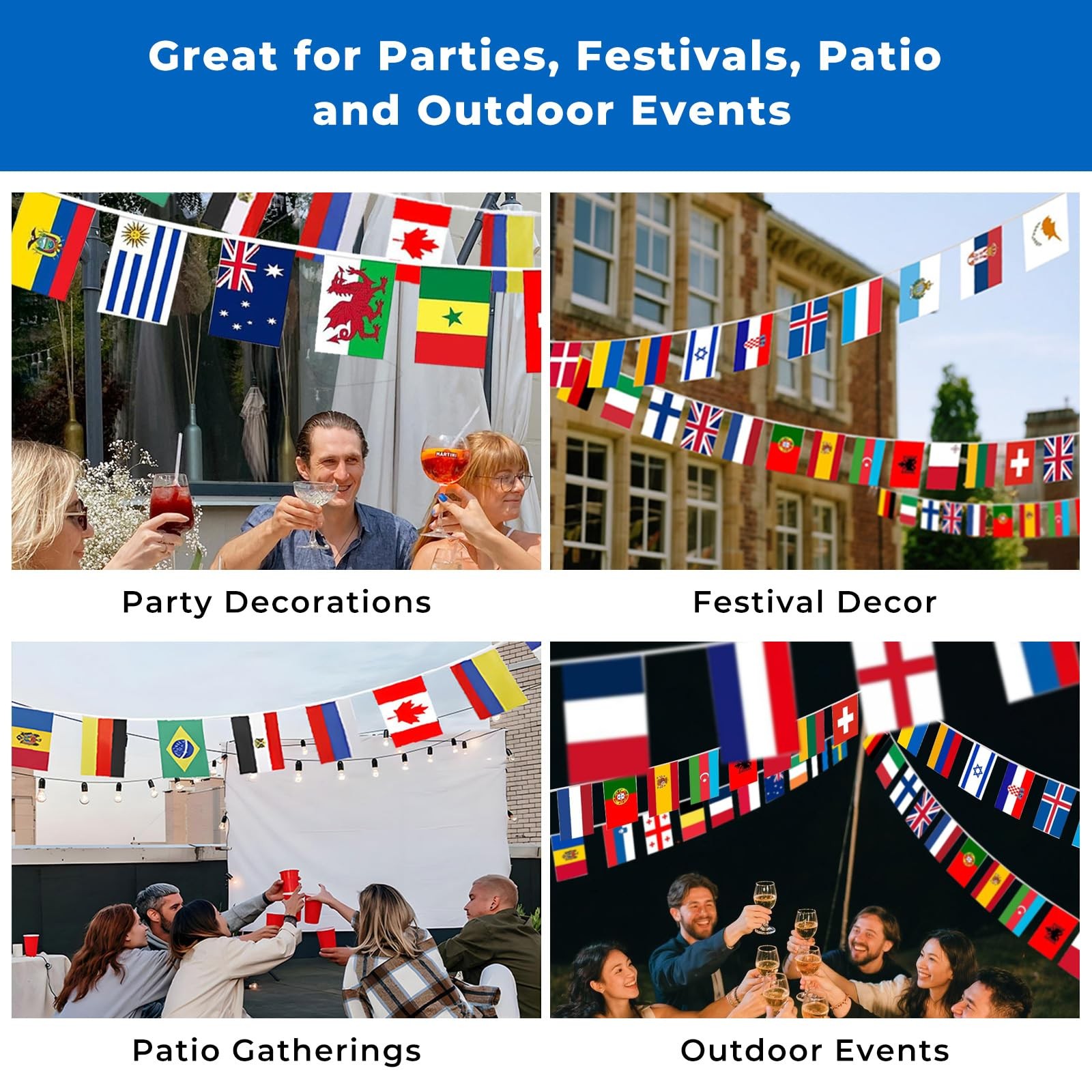 200 Country Flags Banner 190ft, Pre-Strung Reusable Polyester Flags of the Wo