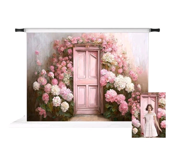 Kate 7x5ft Pink Floral Door Photography Backdrop Microfiber Studio Background