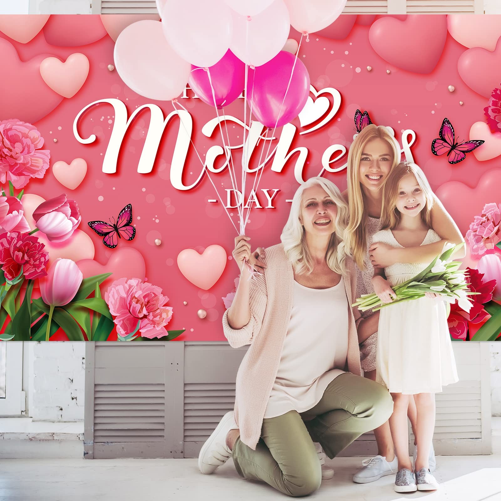 Happy Mother’s Day Banner 72.8 x 43.3 Inch Red Flowers Mothers Day Backdrop Larg