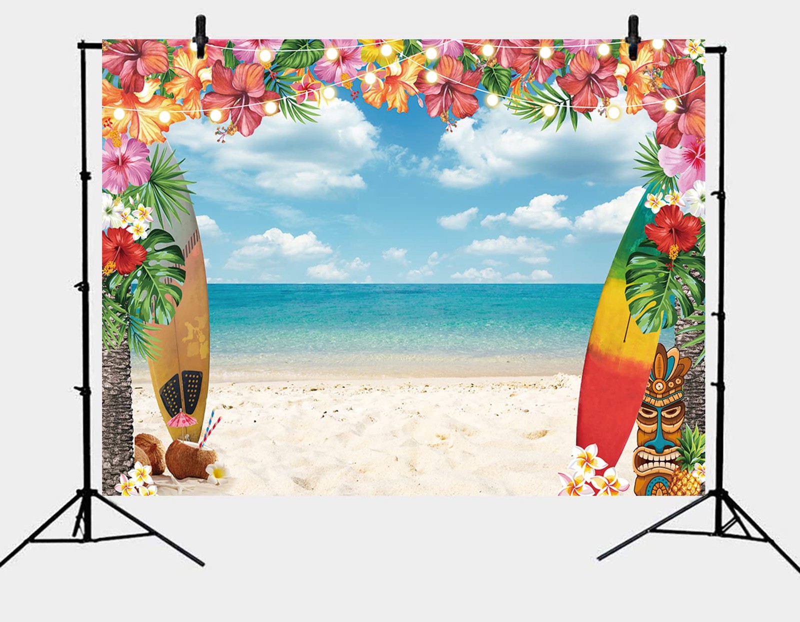 7x5FT Summer Hawaiian Beach Backdrop Sky Ocean Tropical Palm Flower Surfboard