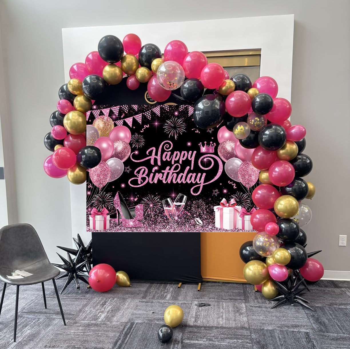 7X5Ft Pink and Black Happy Birthday Backdrop Women Birthday Party Photography