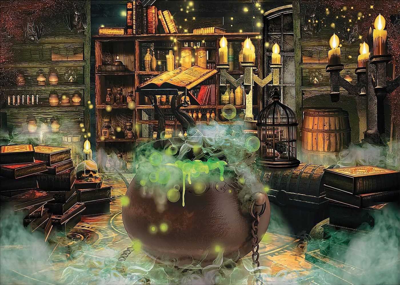 DePhoto Halloween Photo Backdrop Witch Magic Cauldron Bookshelf Spooky 7’X5′