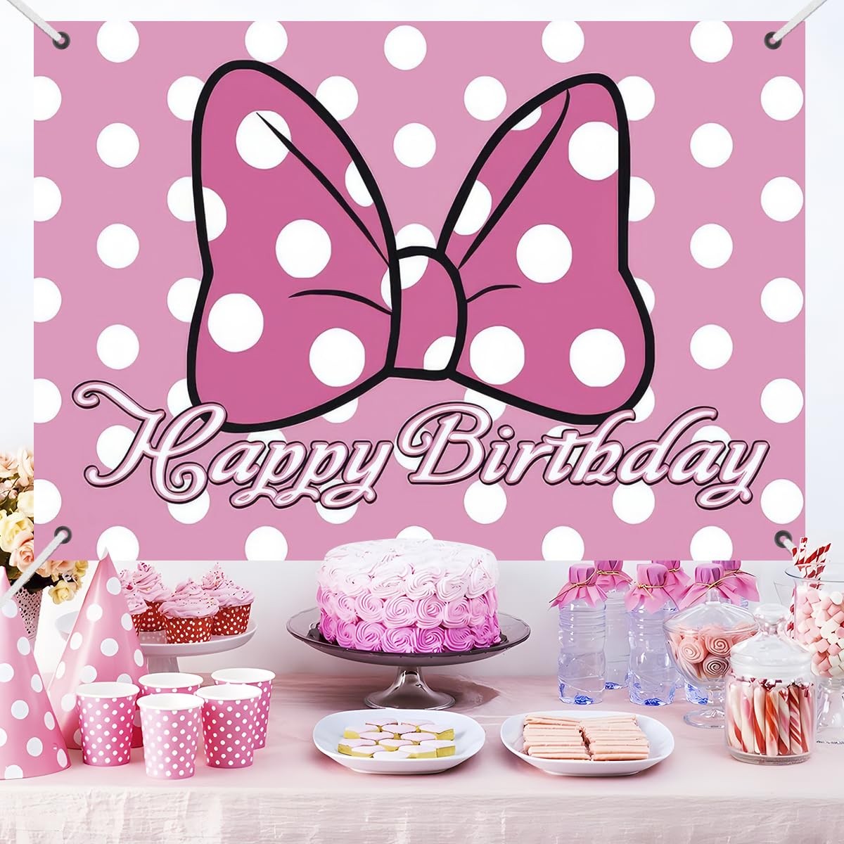 Pink Cartoon Dot Birthday Party Backdrop Banner 59.1 x 39.4 inches, A