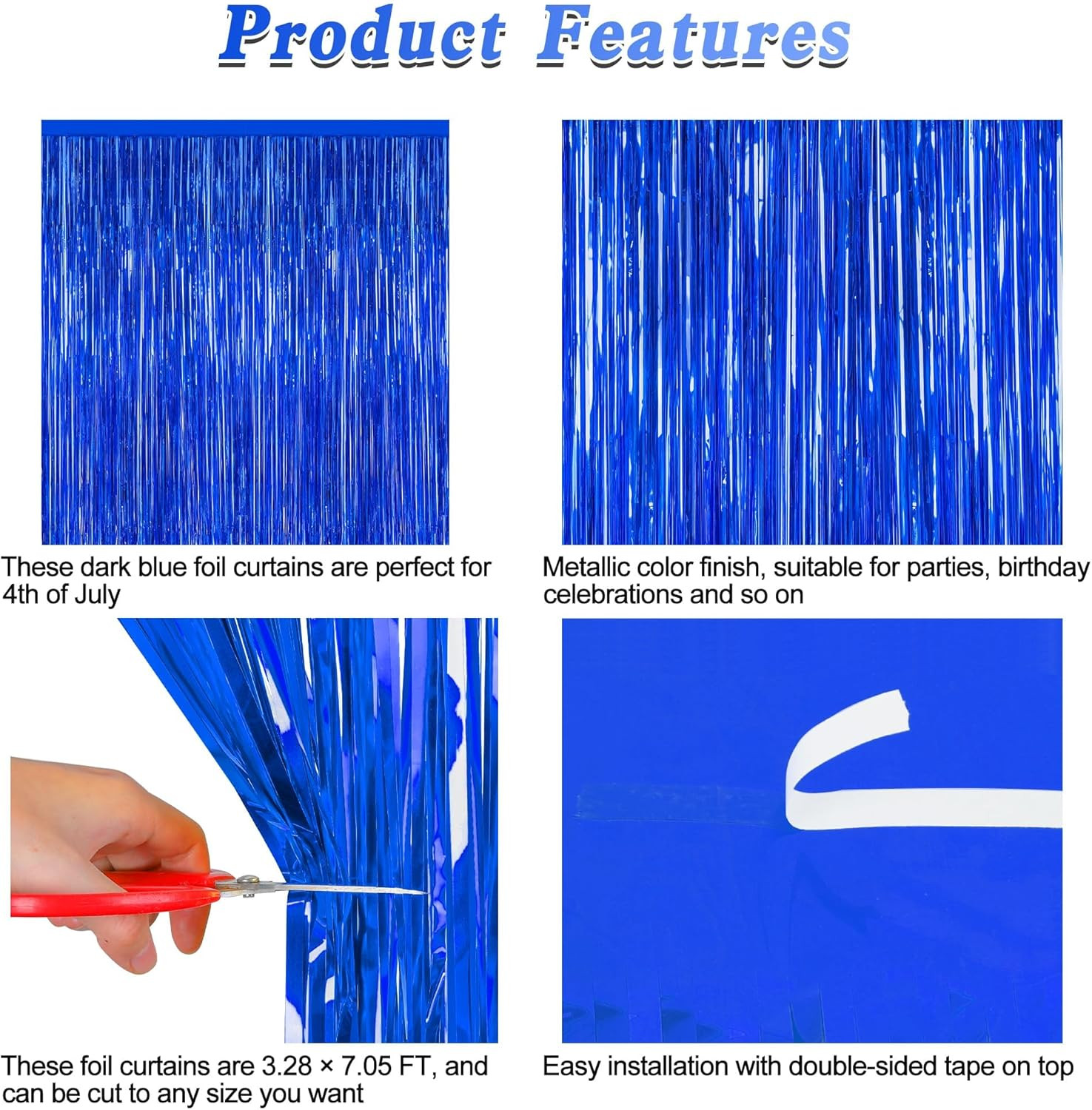 2 PCS Tinsel Backdrop Dark Blue Backdrop Curtains Metallic Fringe Party Curtains