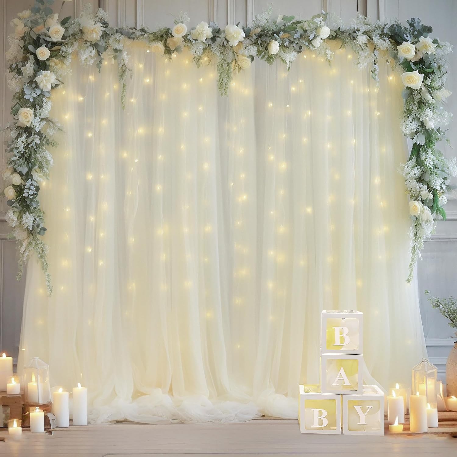 10ft x 10ft Ivory Backdrop Curtain with Lights String for Parties Sheer Tulle