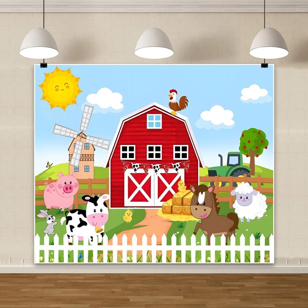 7x5ft Rustic Cartoon Farm Barn Decorations Backdrop Red Wood House Animals Ha…