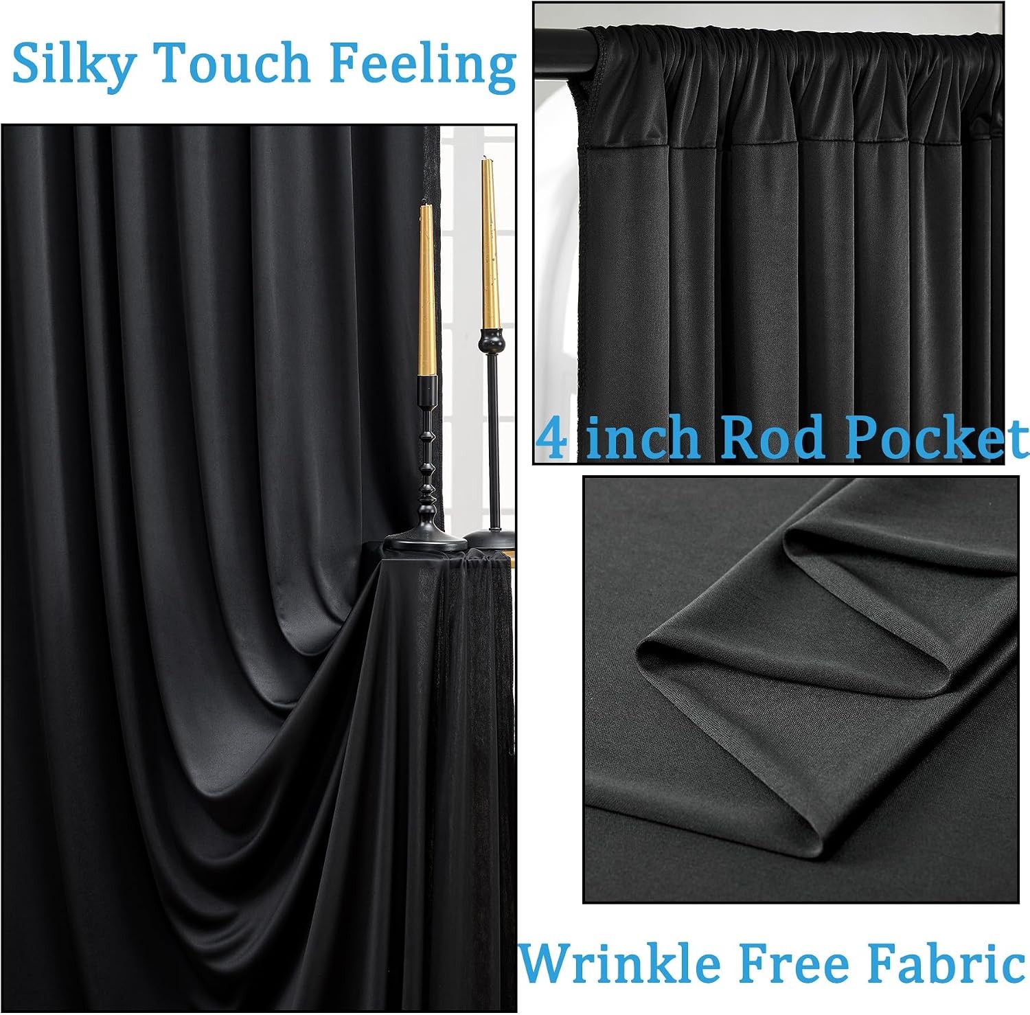 20ft x 10ft Wrinkle Free Black Backdrop Curtains Parties 4 Panels 5x10ft Silky