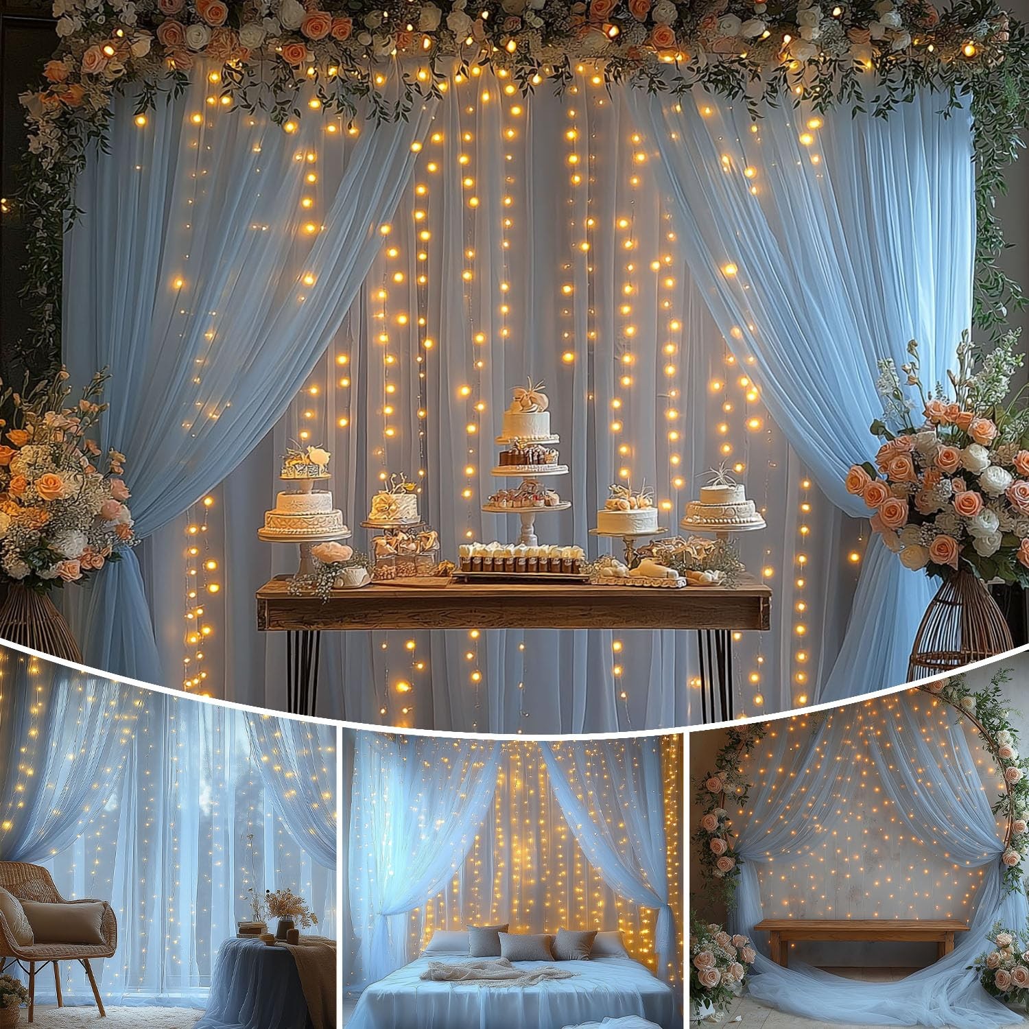 Baby Blue Tulle Sheer Backdrop Curtains Drapes With Light String 10x8ft 2 Panel