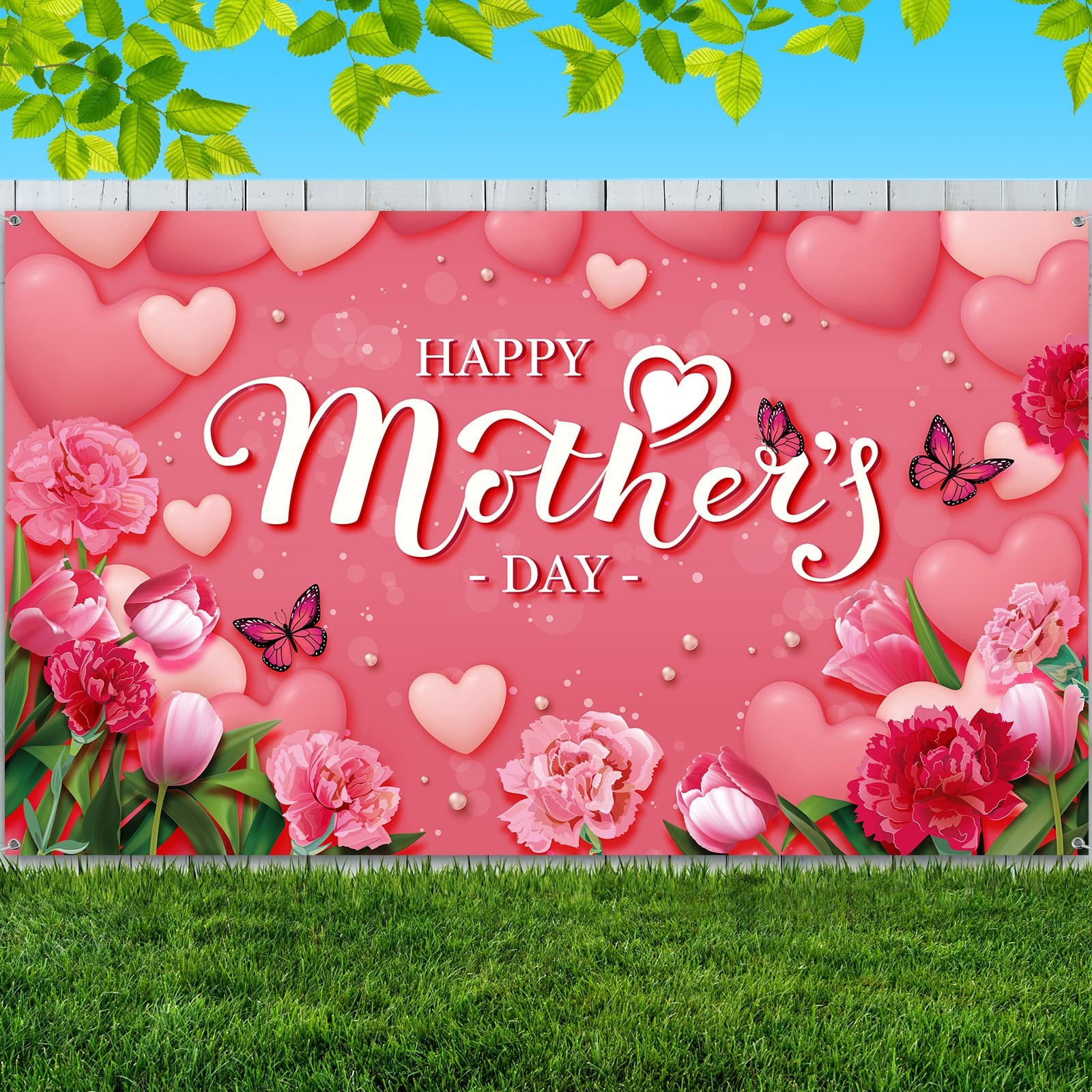 Happy Mother’s Day Banner 72.8 x 43.3 Inch Red Flowers Mothers Day Backdrop Larg