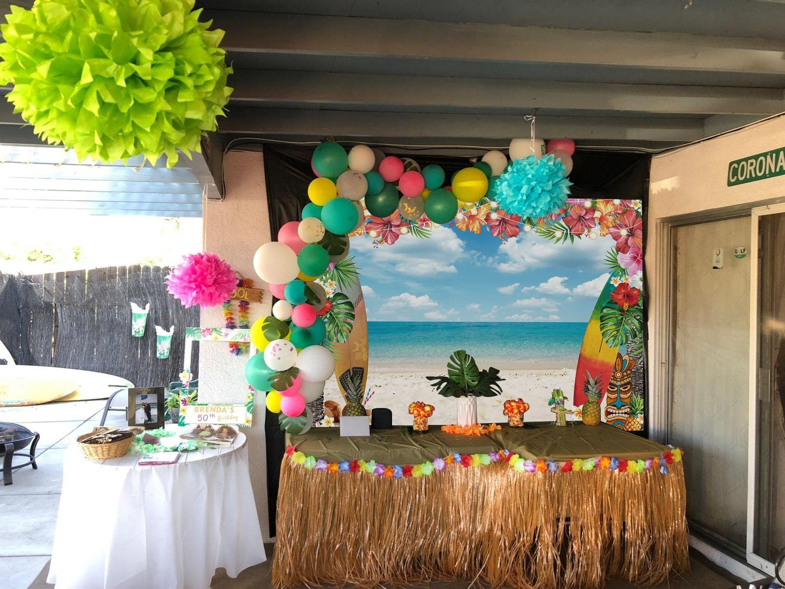 7x5FT Summer Hawaiian Beach Backdrop Sky Ocean Tropical Palm Flower Surfboard