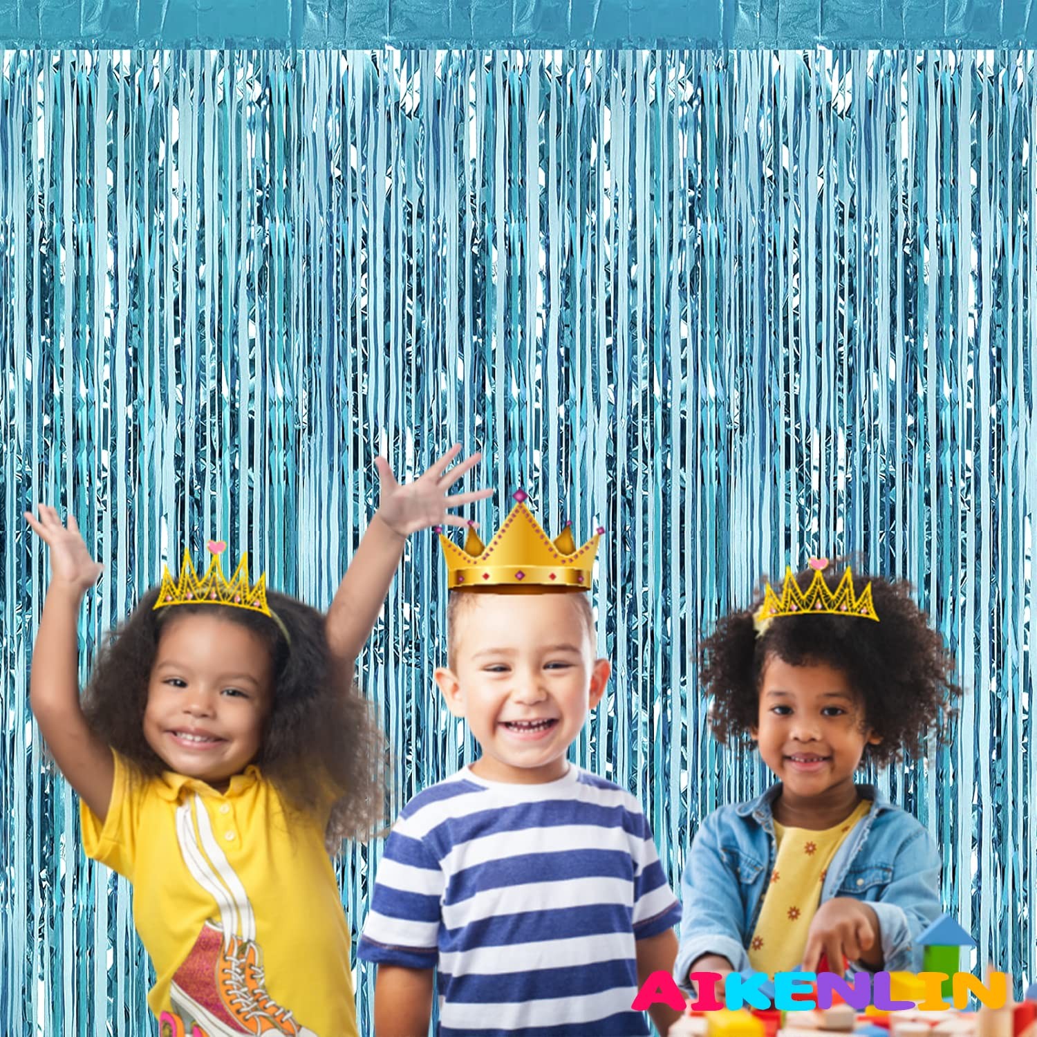 4 Pack Light Blue Foil Fringe Curtain Backdrop, 3.2Ft x 9.8Ft Metallic Tinsel…