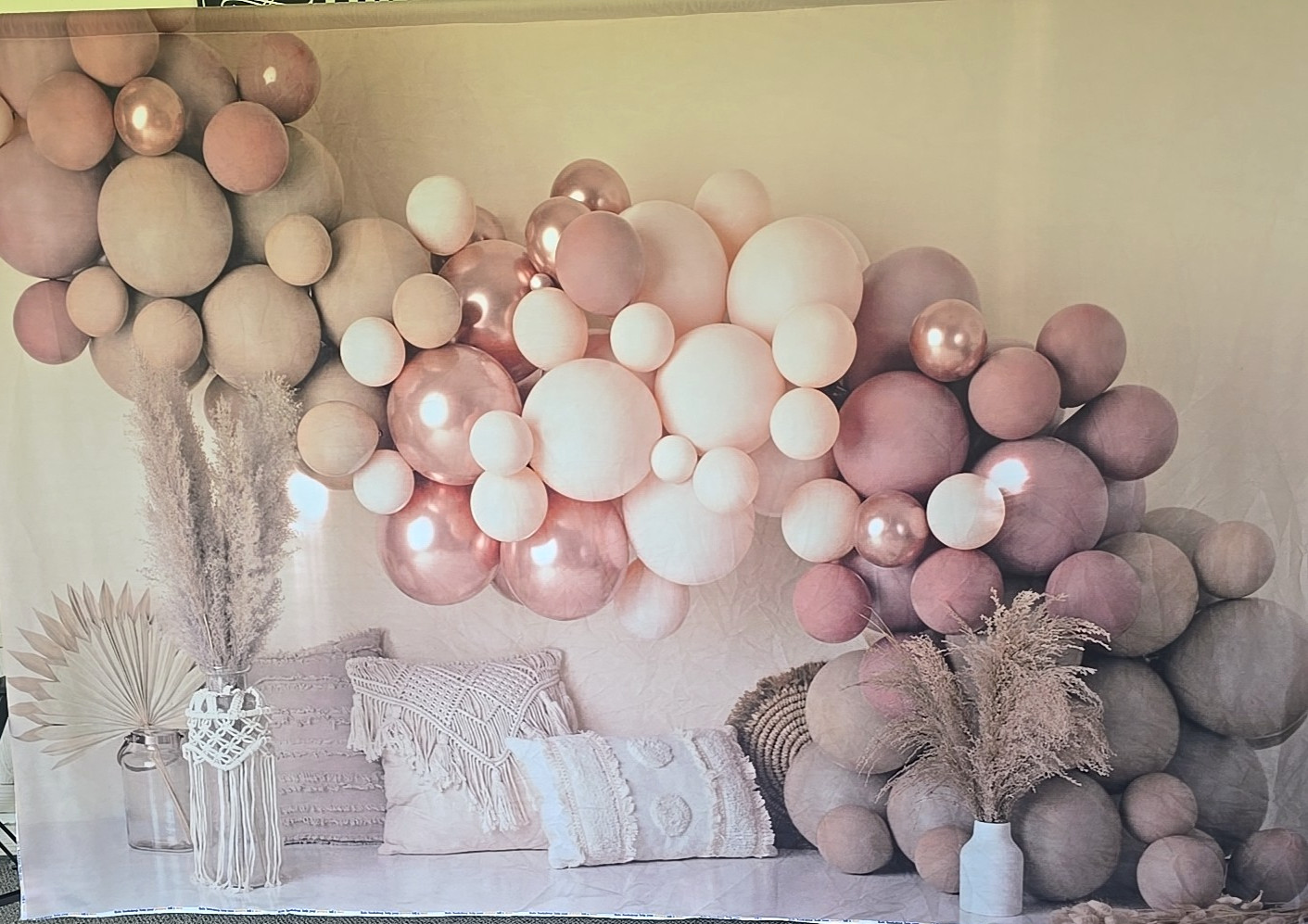 Kate Backdrop Fabric 5′ x 7′ Boho Pink Mauve Beige Birthday Ballons Photography