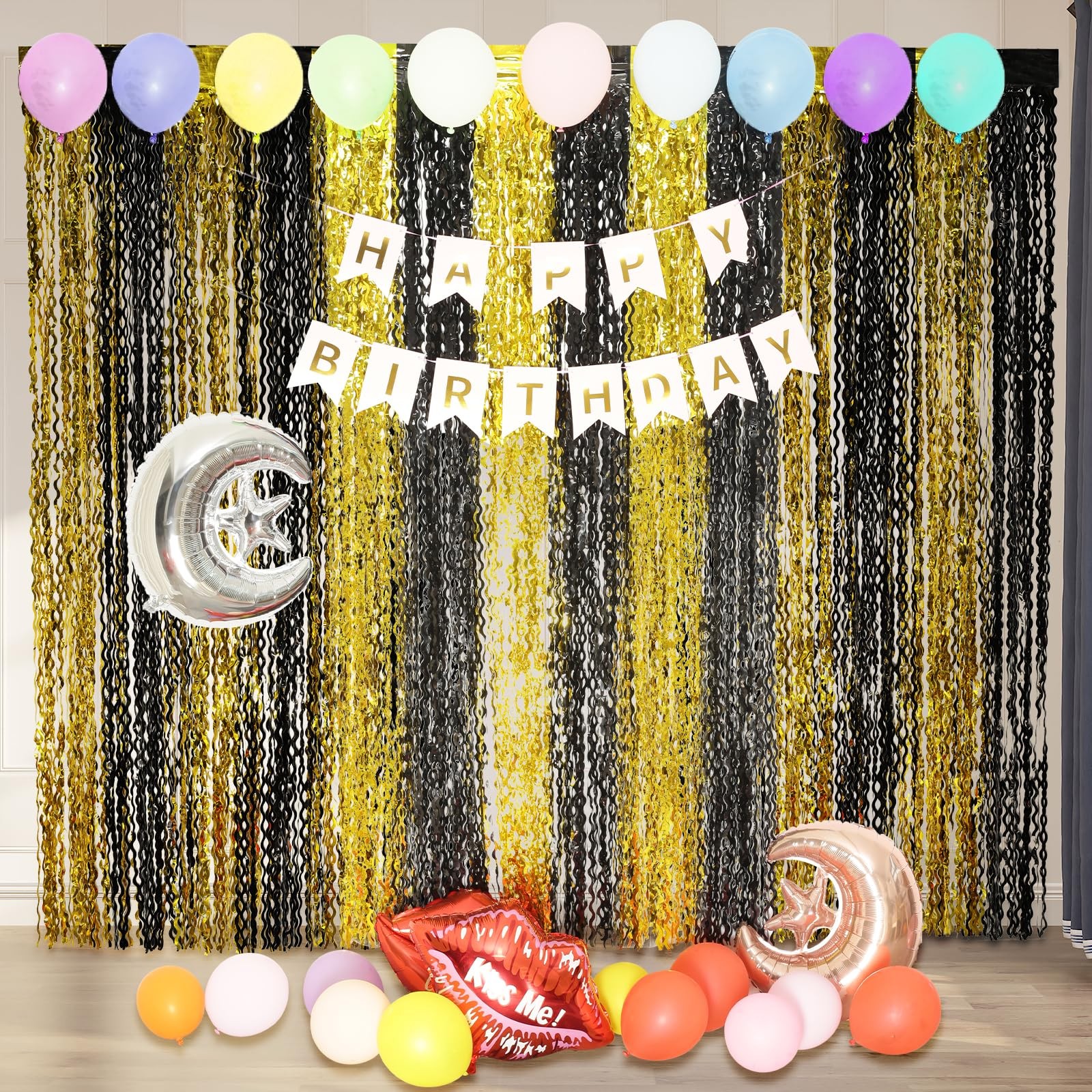 4 PCS Black and Gold Wavy Foil Fringe Curtains 3.3×6.6 FT Streamers