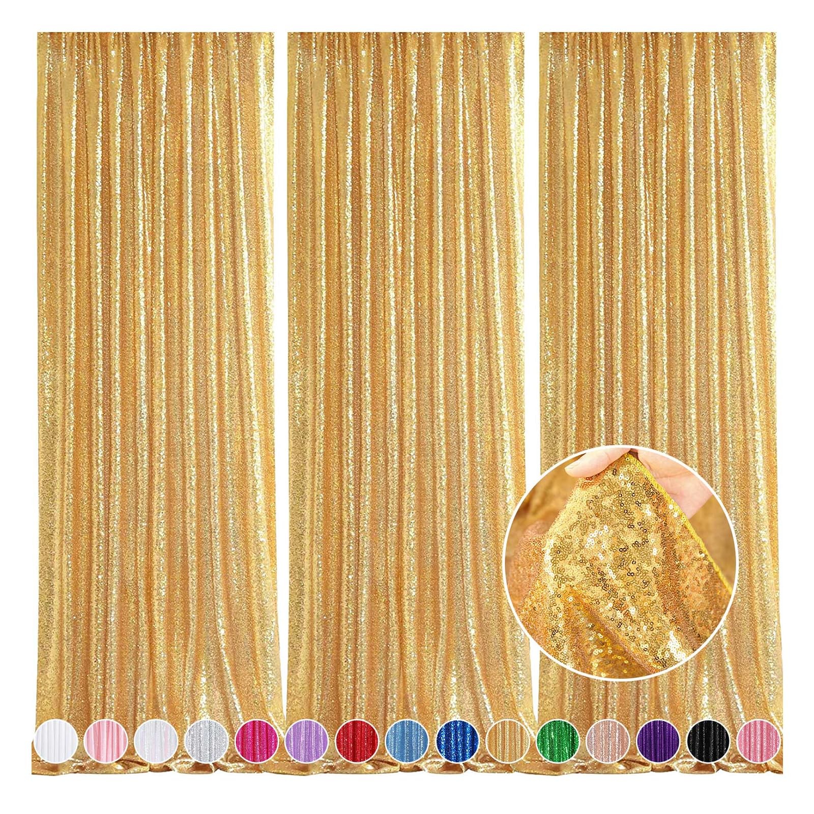 3 PCS 2×8 Ft Gold Backdrop Curtain Glitter Sequin Background Party