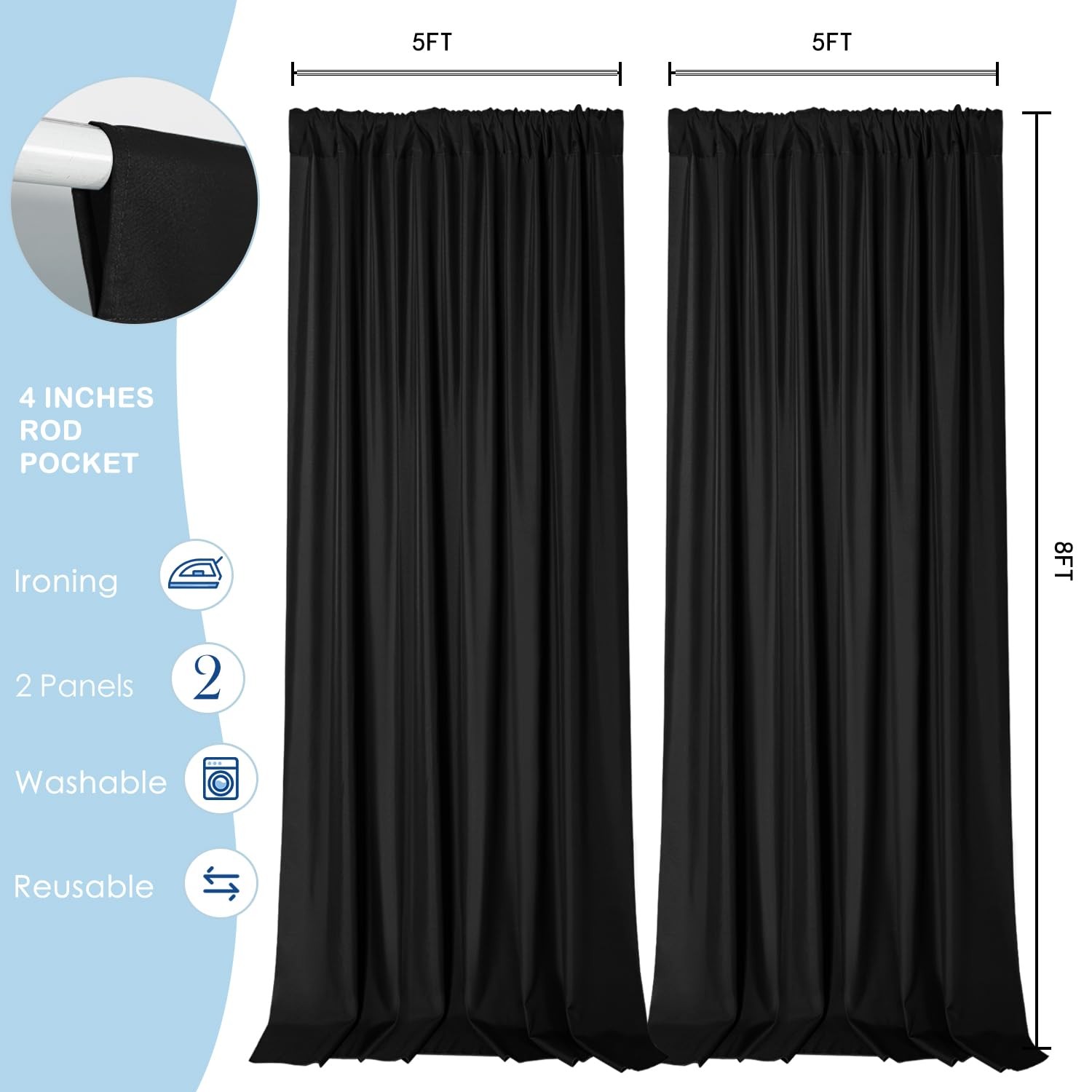 Wrinkle Free Black Backdrop Curtains 5x8Ft 2 Panels Polyester Photography Drapes