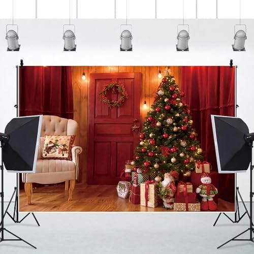 Red 10x8ft Christmas Backdrop—Indoor Xmas Trees—Gifts—Red