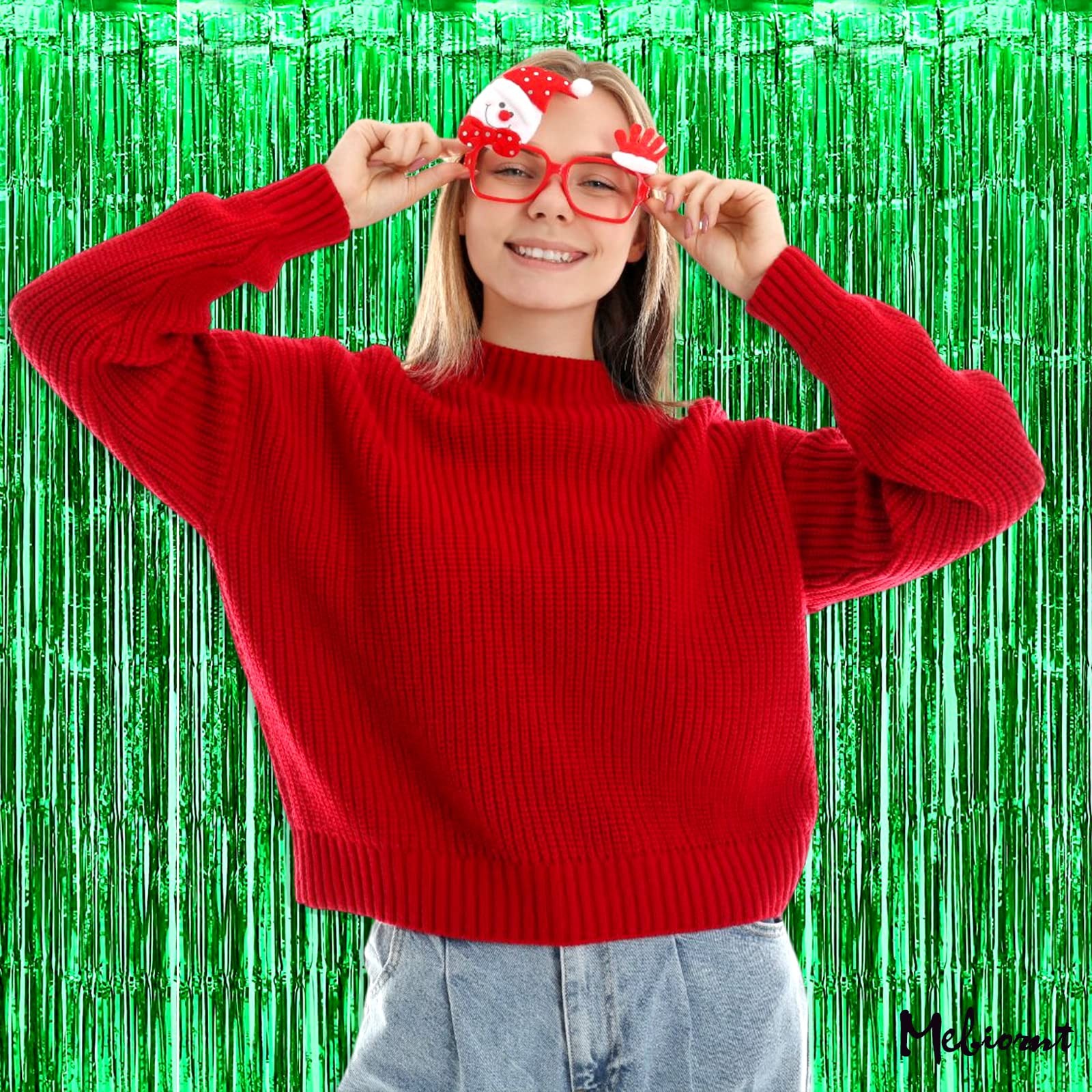 4 PCS Green Fringe Curtain Backdrop 3.2Ft x 9.8Ft Metallic Tinsel Party Decor