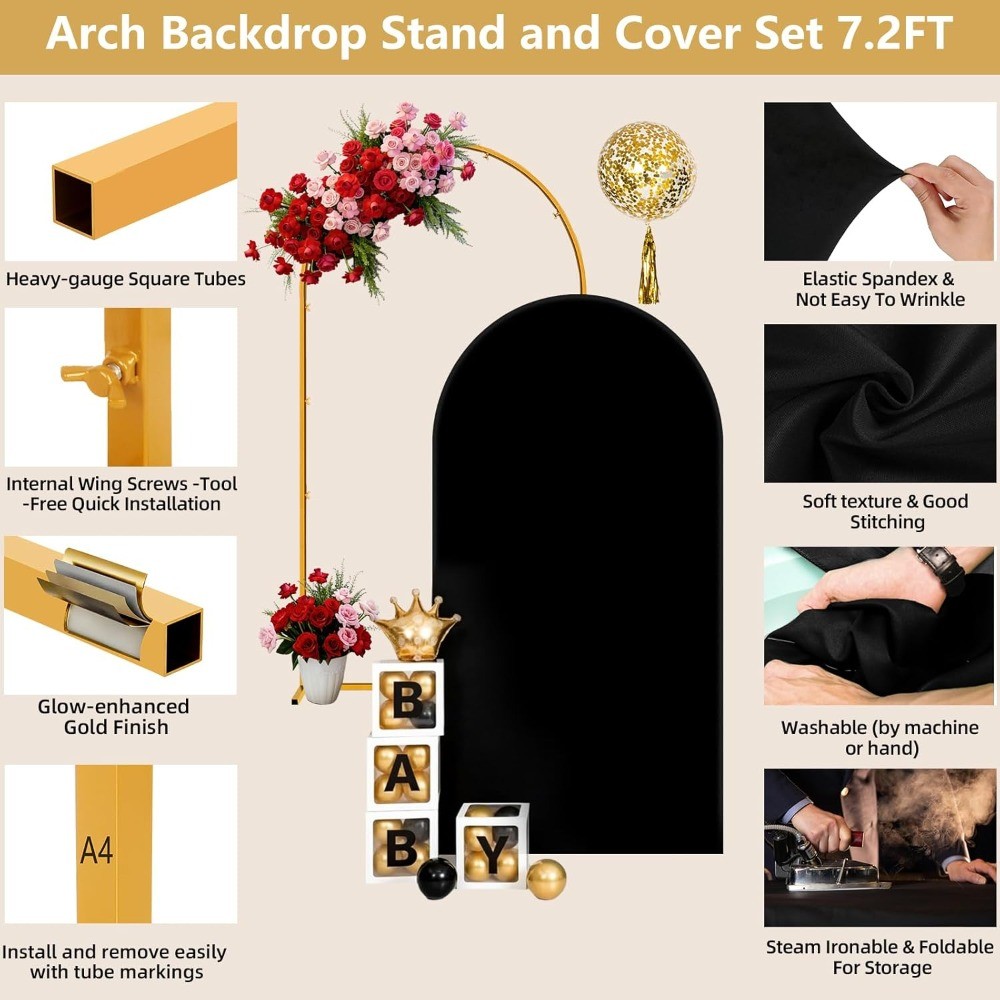 Metal Arch Stand Set 7.2FT Gold with Cover, Wedding Balloon Arch Frame