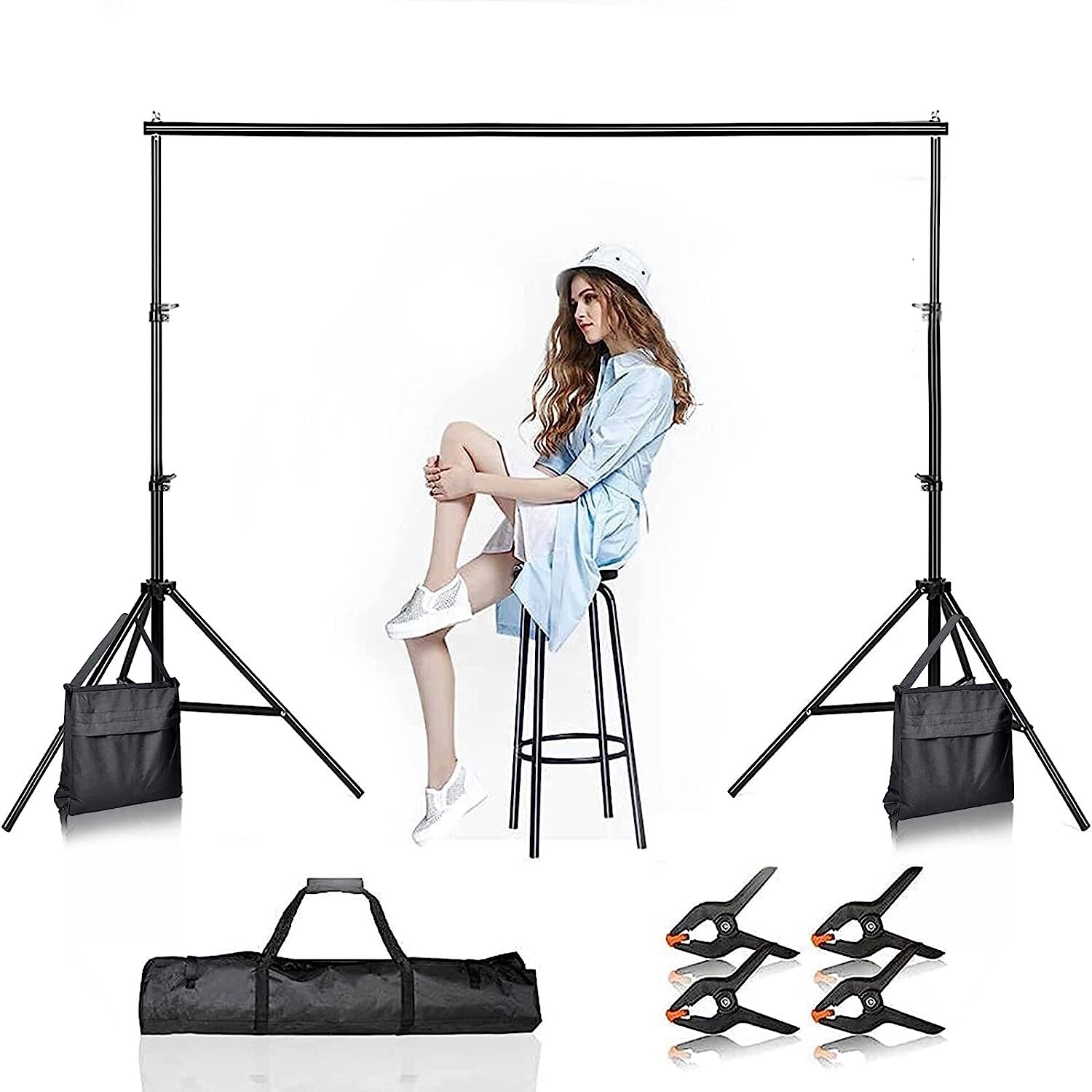 NEW! EMART, Backdrop Stand, 10’X 7.5′ (WxH), 2 Sand Bags, 4 Clamps, Carry Case