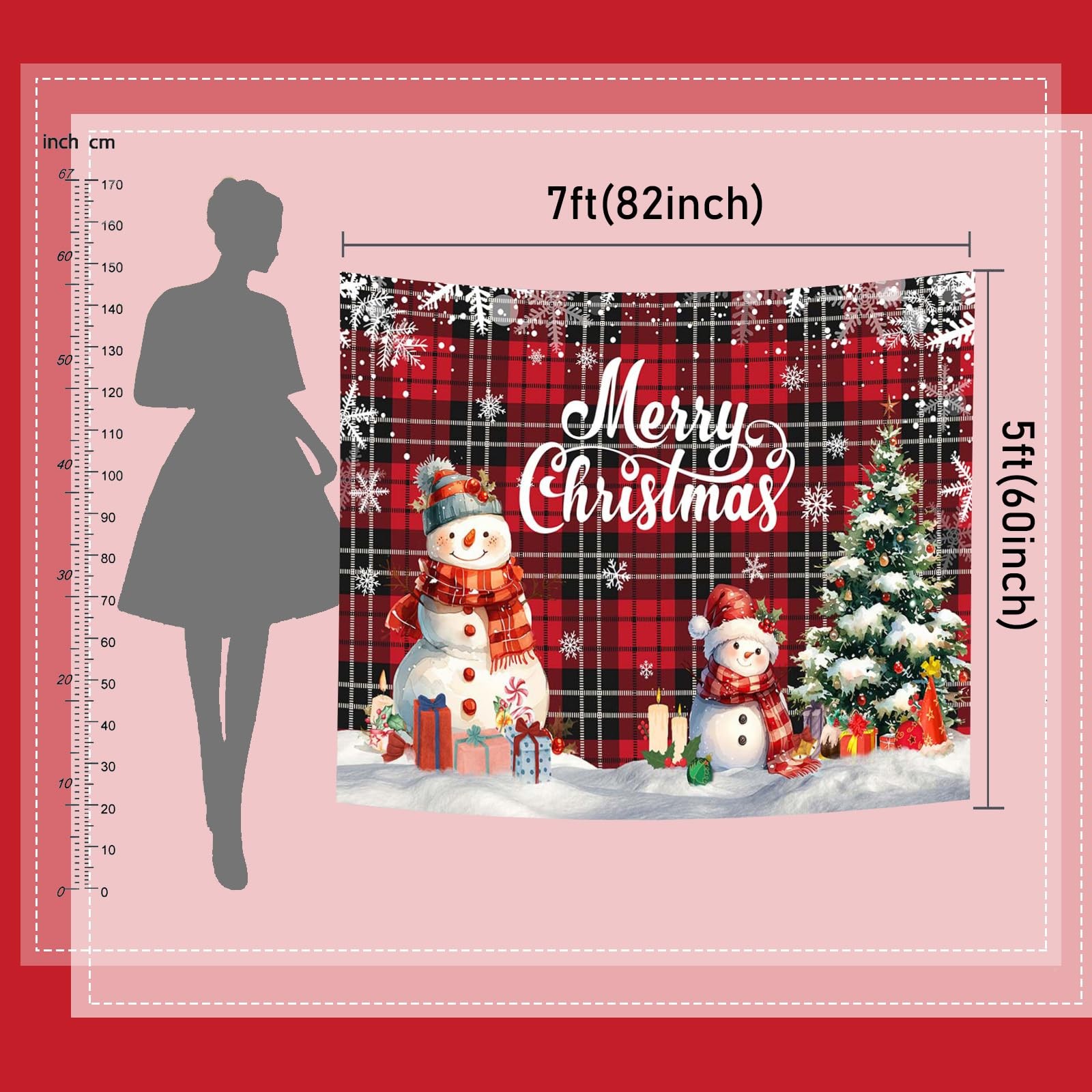Merry Christmas Red Black Buffalo Plaid Holiday Photo Backdrop 7x5ft Mat