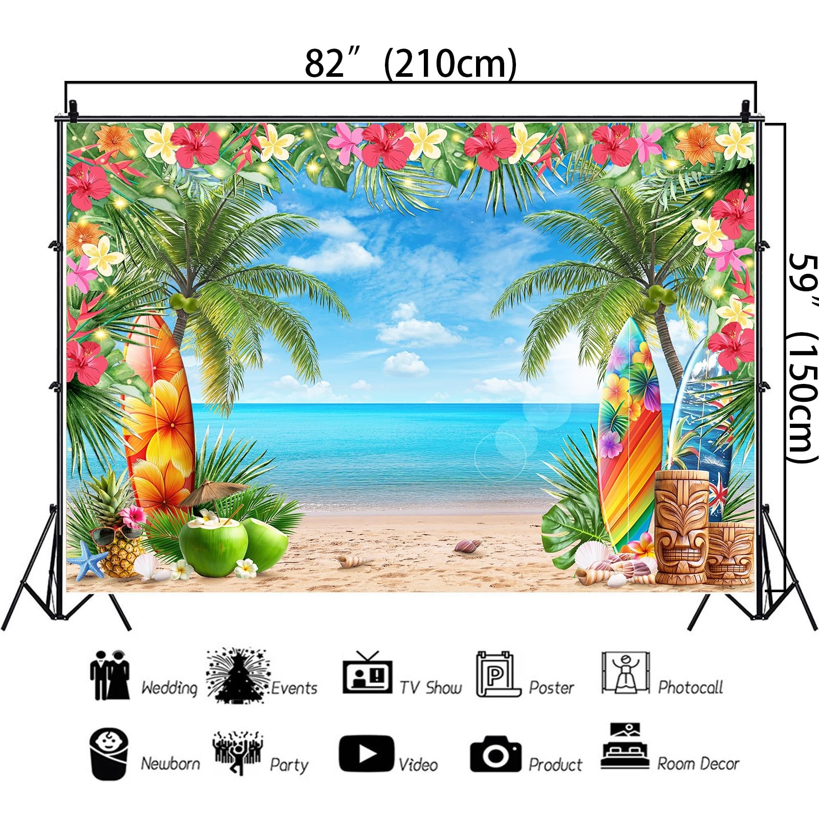 Summer Hawaiian Beach Backdrop 7x5Ft Tropical Flower Luau 7x5Ft, Blue
