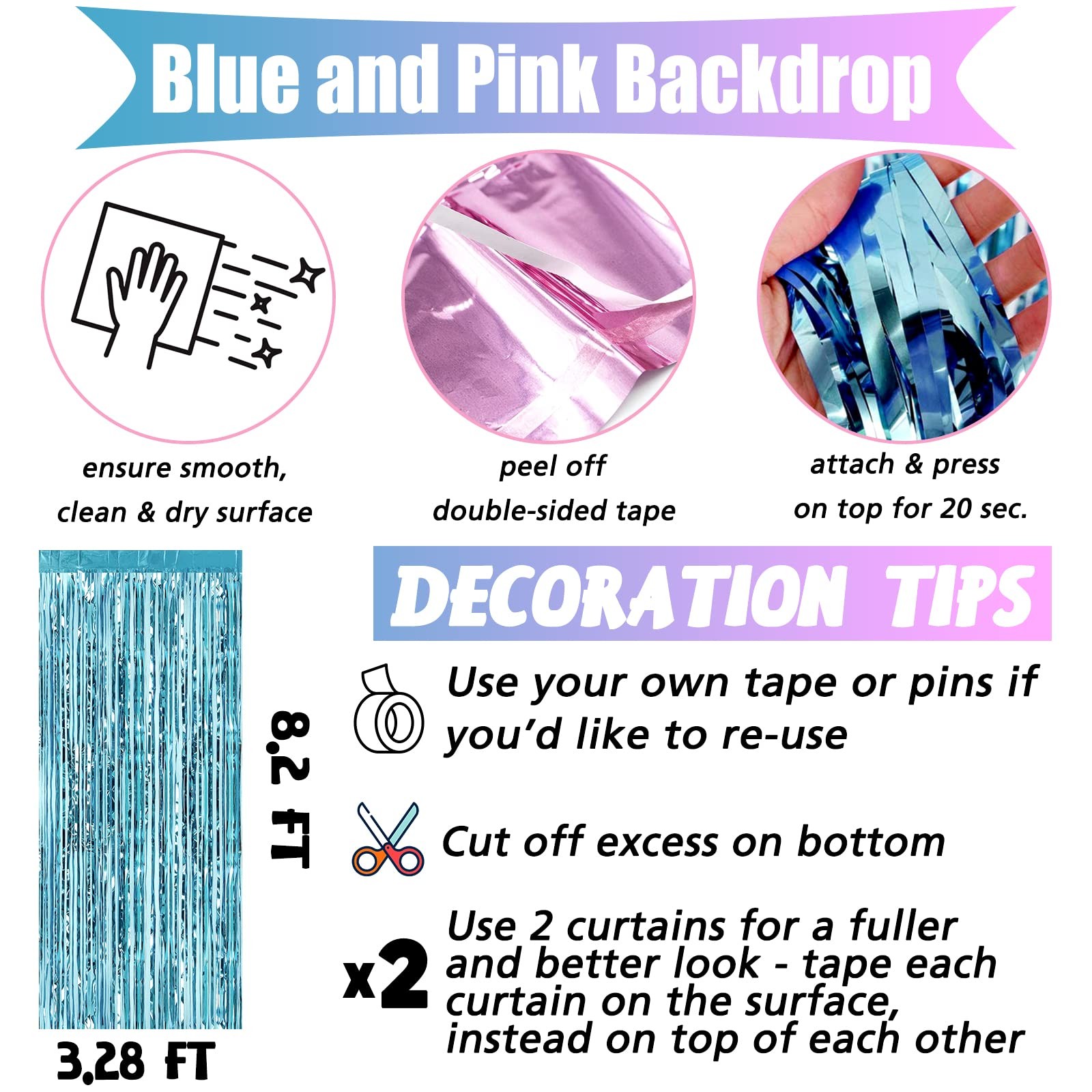 4-Pack 3.2×8.2ft Pink Blue Foil Fringe Curtain Tinsel Streamer Backdrop