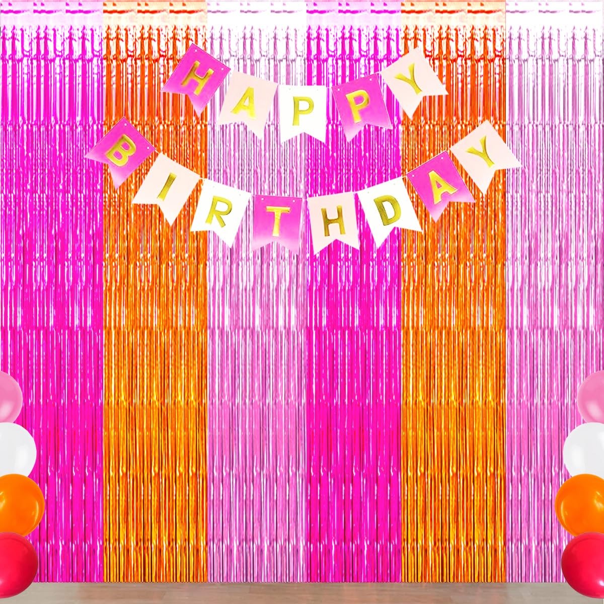 Pink Orange Party Decorations, Rose Red Orange Pink Foil Fringe Backdrop Curt…