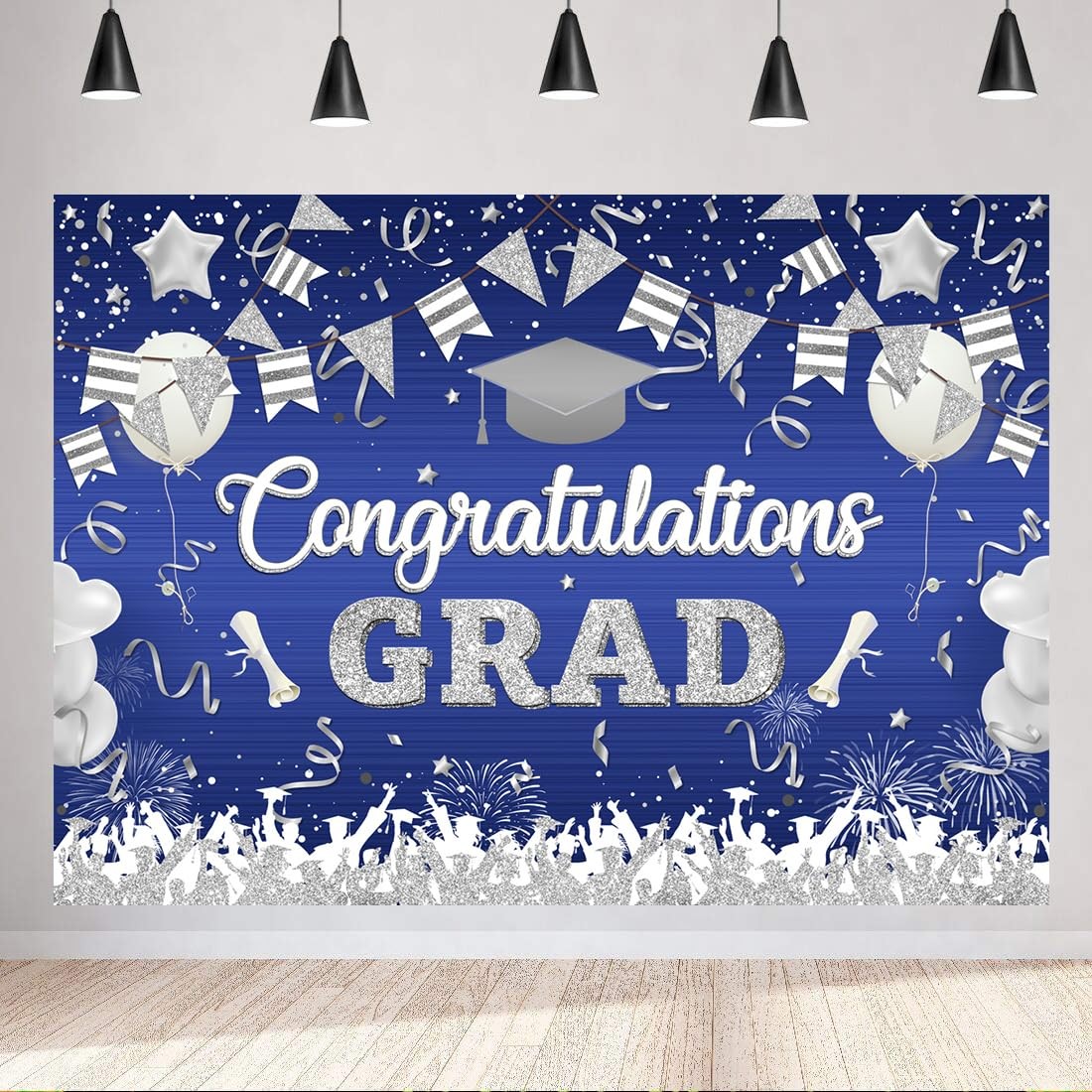 10x8ft Blue and Silver 2025 Graduation Backdrop Congratulations Grad Photogra…