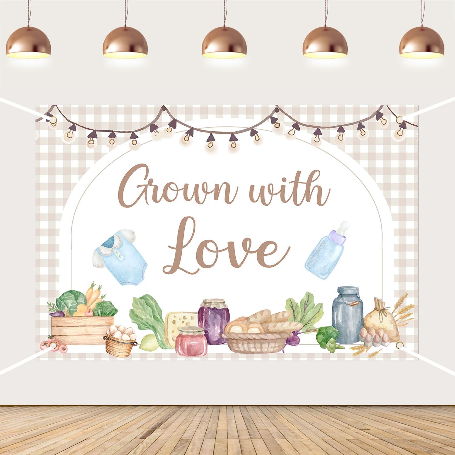 5x3ft Locally Grown Baby Shower Backdrop Fruit Vegetable Brown Plaid