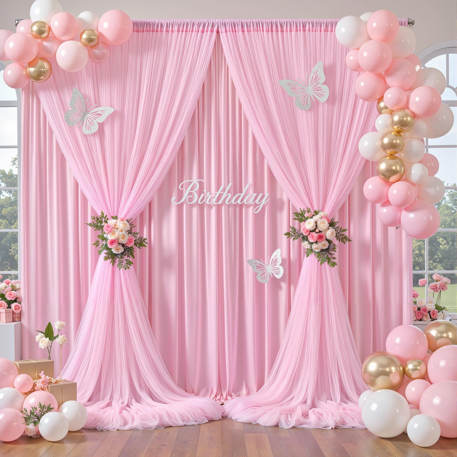 5×10 FT Baby Pink Tulle Wrinkle Free 2 Layer Backdrop Curtains Wedding Drapes