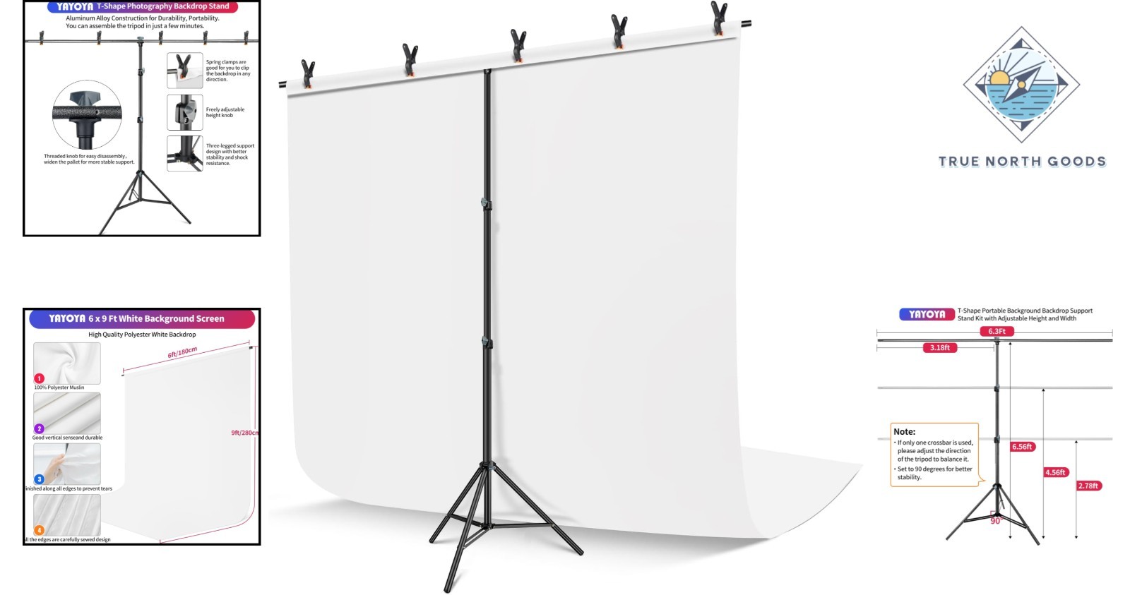 Adjustable White Photo Backdrop with Portable Stand and Carrying Bag, 6×9 ft