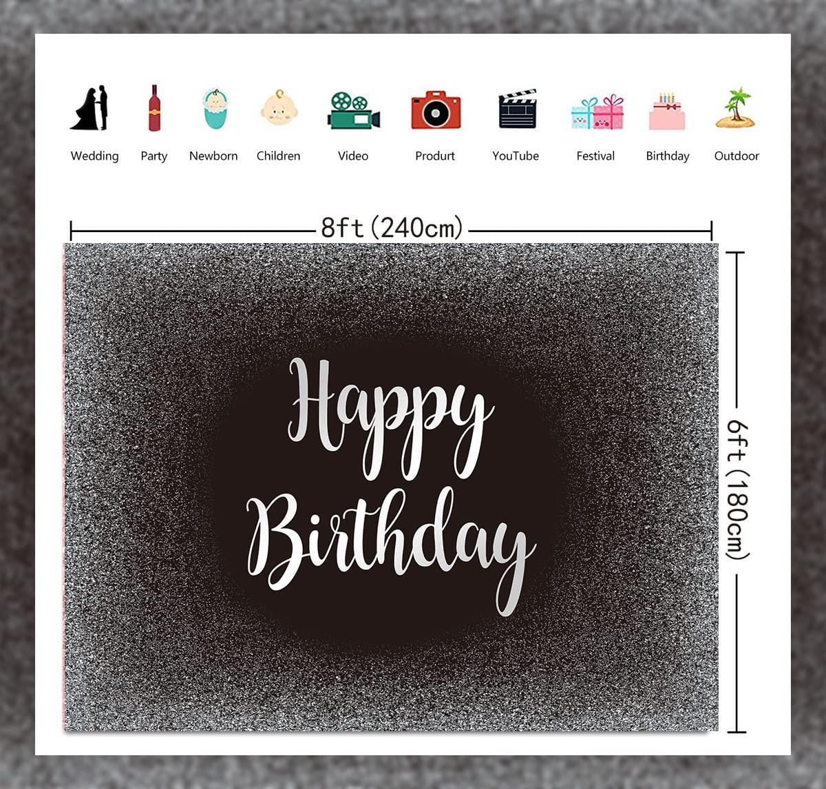 Happy Birthday Backdrop 8×6 FT Black Silver Grey Glitter Fathers Day Decor